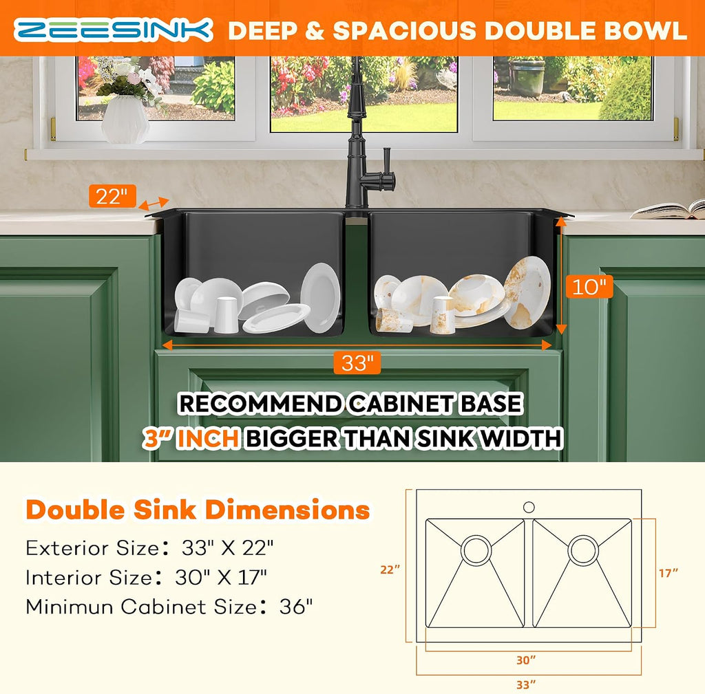Black Kitchen Sink,33 X 22 inch Drop in Kitchen Sinks Double Bowl,16 Gauge Stainless Steel 50/50 Double Sink,Top Mount/Drop In Double Kitchen Sink 33 inch