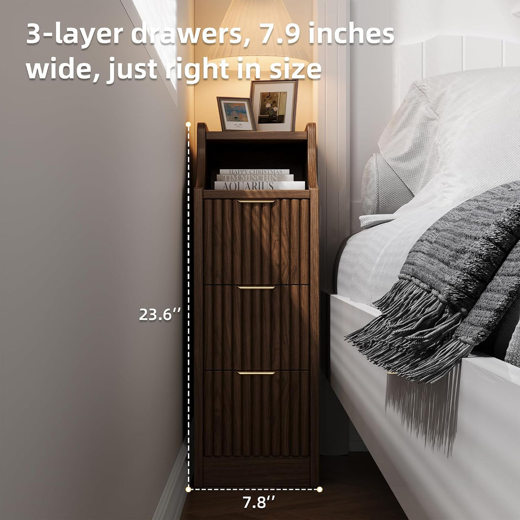 7.9' W Narrow Fluted Nightstand Set of 2,Slim Side End Table with 3 Drawers,Modern Bedside Table,Skinny Night Stand for Bedroom, Livingroom,Small Space