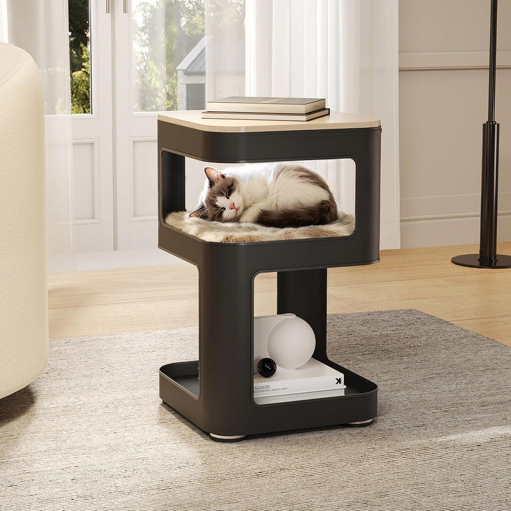 EUREKA ERGONOMIC Side Table Cat Beds, Square End Table with Cat House, Metal Nightstand with 3 Tier Storage, Modern Side Table End Beside Table for Living Room Bedroom Indoor, Easy Assembly, Black