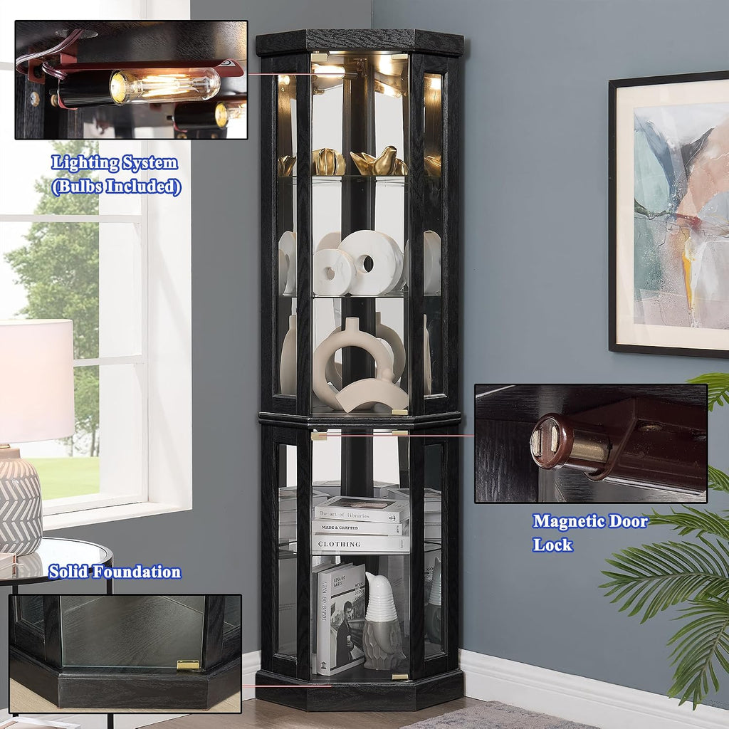 69' H Lighted Corner Curio Cabinet, 5-Tier Curio Glass Display Cabinet w/ 2 Door & Adjustable Glass Shelves, Wooden Display Showcase Corner Storage Cabinet for Living Room (Black)