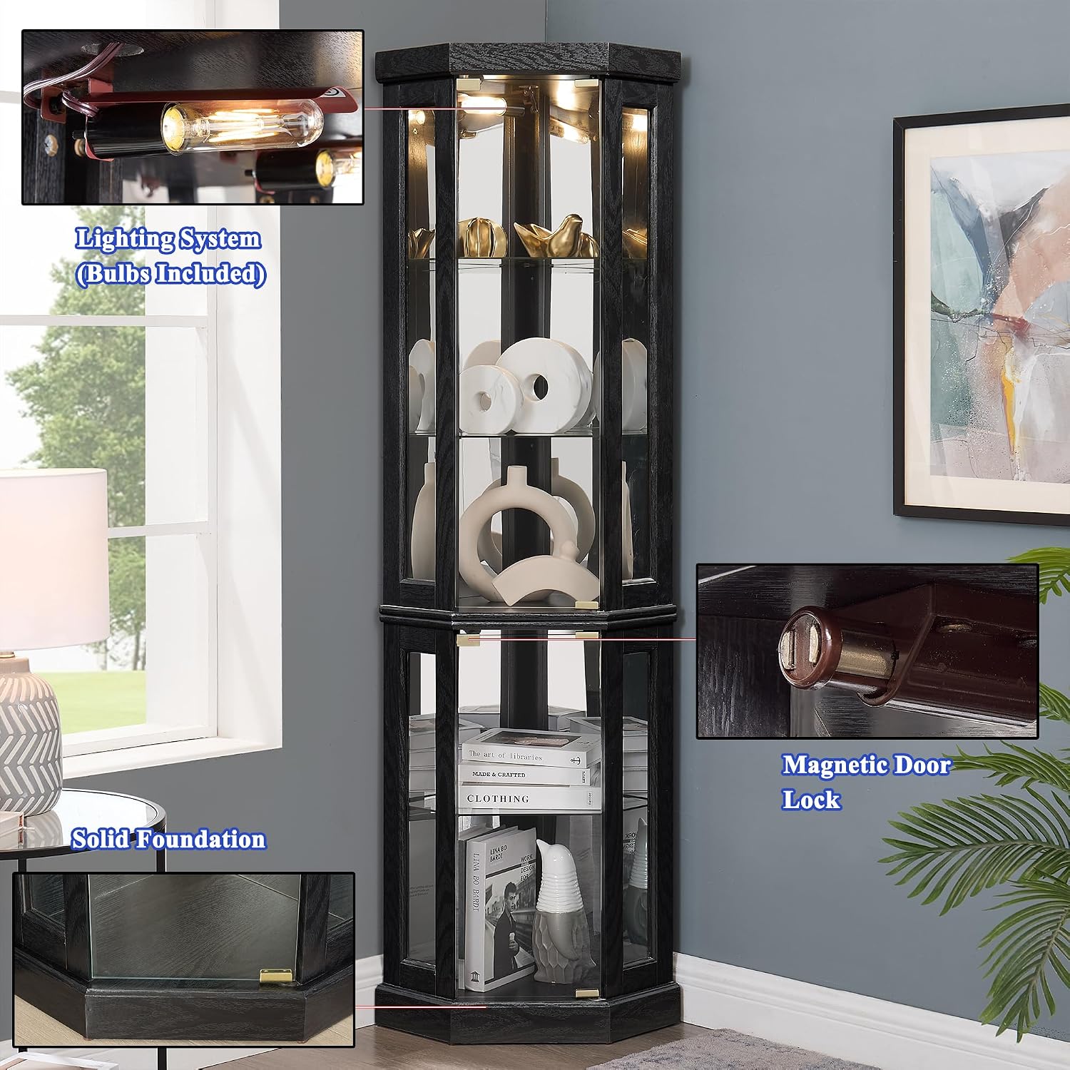 69' H Lighted Corner Curio Cabinet, 5-Tier Curio Glass Display Cabinet w/ 2 Door & Adjustable Glass Shelves, Wooden Display Showcase Corner Storage Cabinet for Living Room (Black)