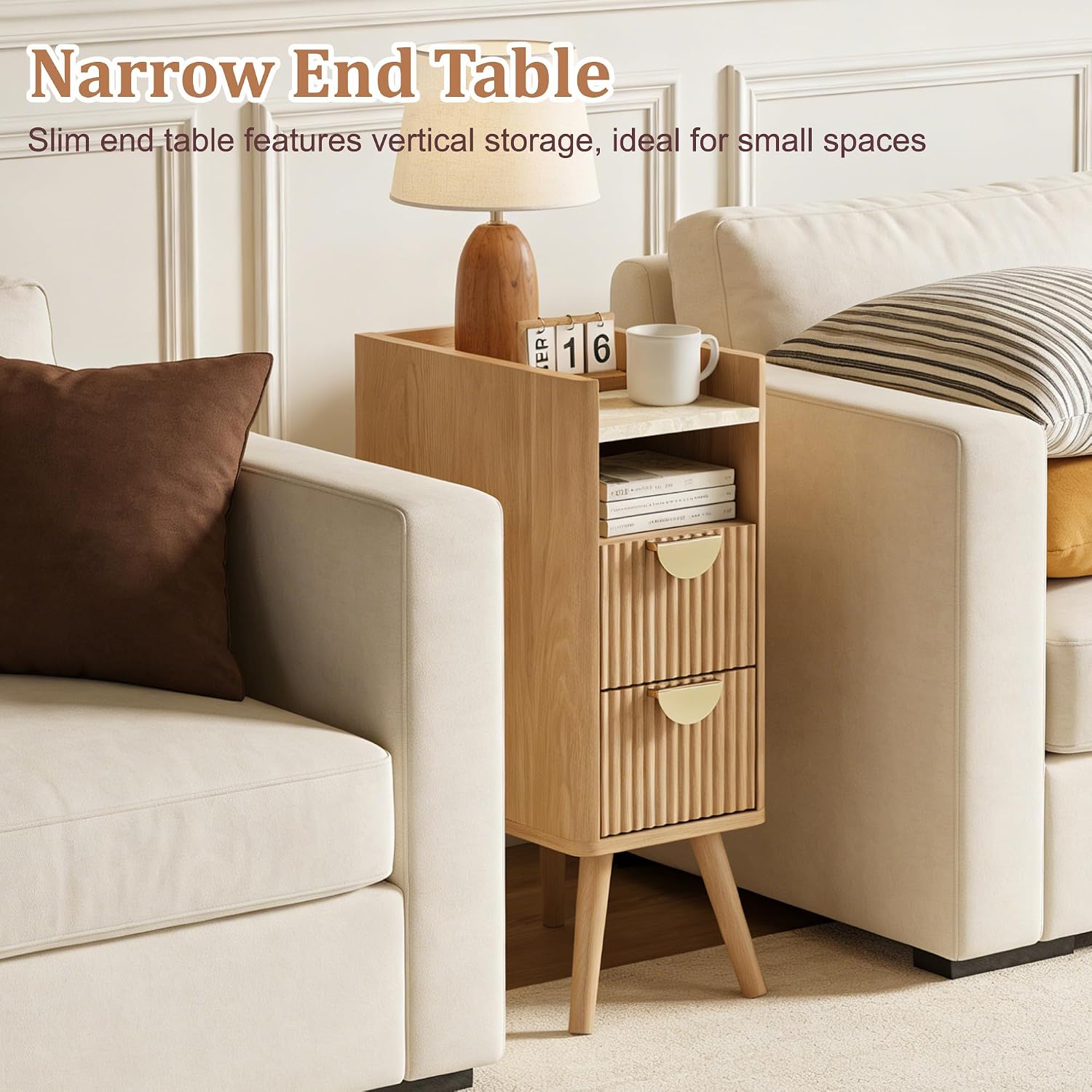 26.4' Tall Narrow Nightstand Set of 2, 9.8' Wide Fluted End Table with 2 Drawer & Open Shelf, Wood Night Stand w/Rounded Corner, Slim Side Table for Bedroom/Entryway/Living Room, Natural