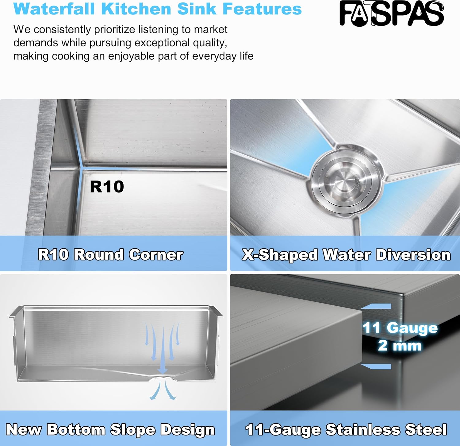 33 x 19 Waterfall Kitchen Sink with Faucet, Stainless Steel Undermount Single Bowl Kitchen Sinks, Large Farmhouse Workstation Sinks with Accessories, 8 Inch Deep Drop In Sink, Brushed Nickel