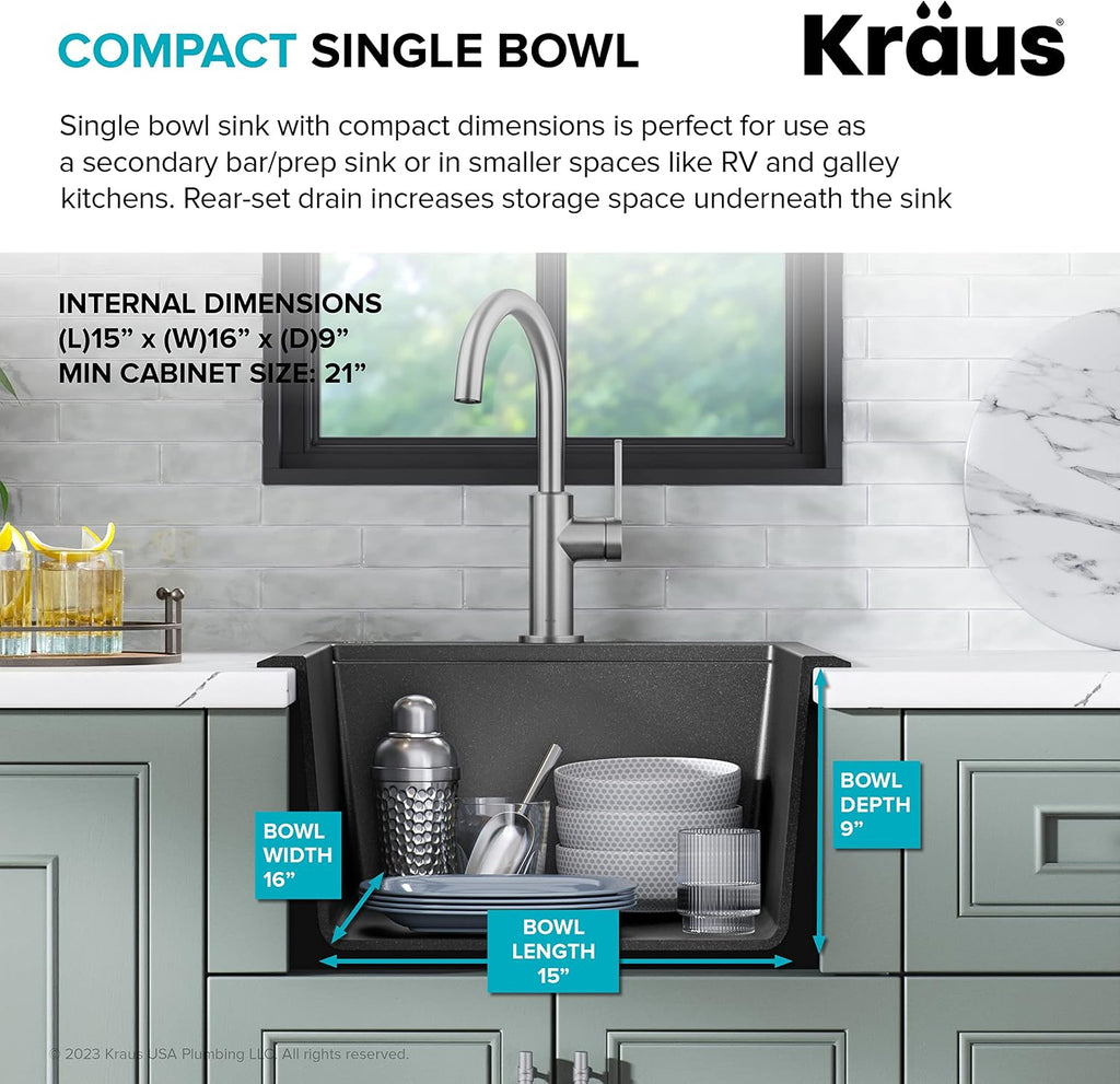 KRAUS Bellucci 18-inch Granite Workstation Drop In Top Mount Single Bowl Kitchen Sink in Metallic Black with Accessories, KGTW12-18MBL