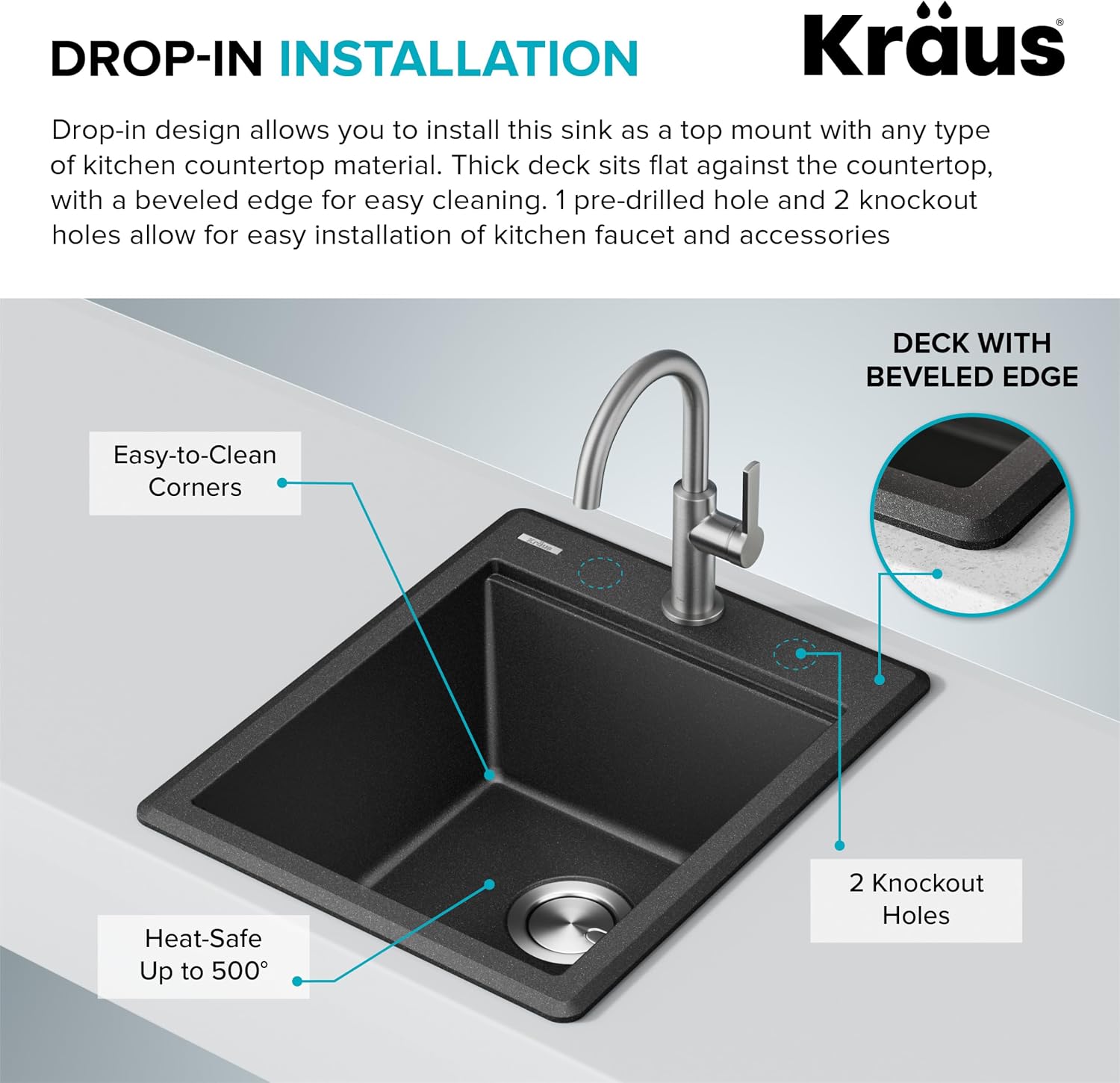 KRAUS Bellucci 18-inch Granite Workstation Drop In Top Mount Single Bowl Kitchen Sink in Metallic Black with Accessories, KGTW12-18MBL