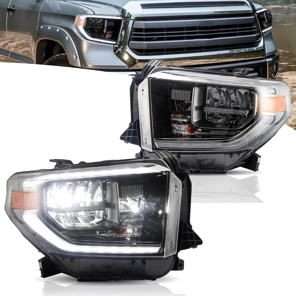 VLAND Led Headlights Compatible with 2nd Gen Facelift Tundra Pickup Trucks 2014-2021(Only Fit OEM Halogen), Front Lights w/Amber Sequential Signal Lights, No Need Bulbs Chrome Housing