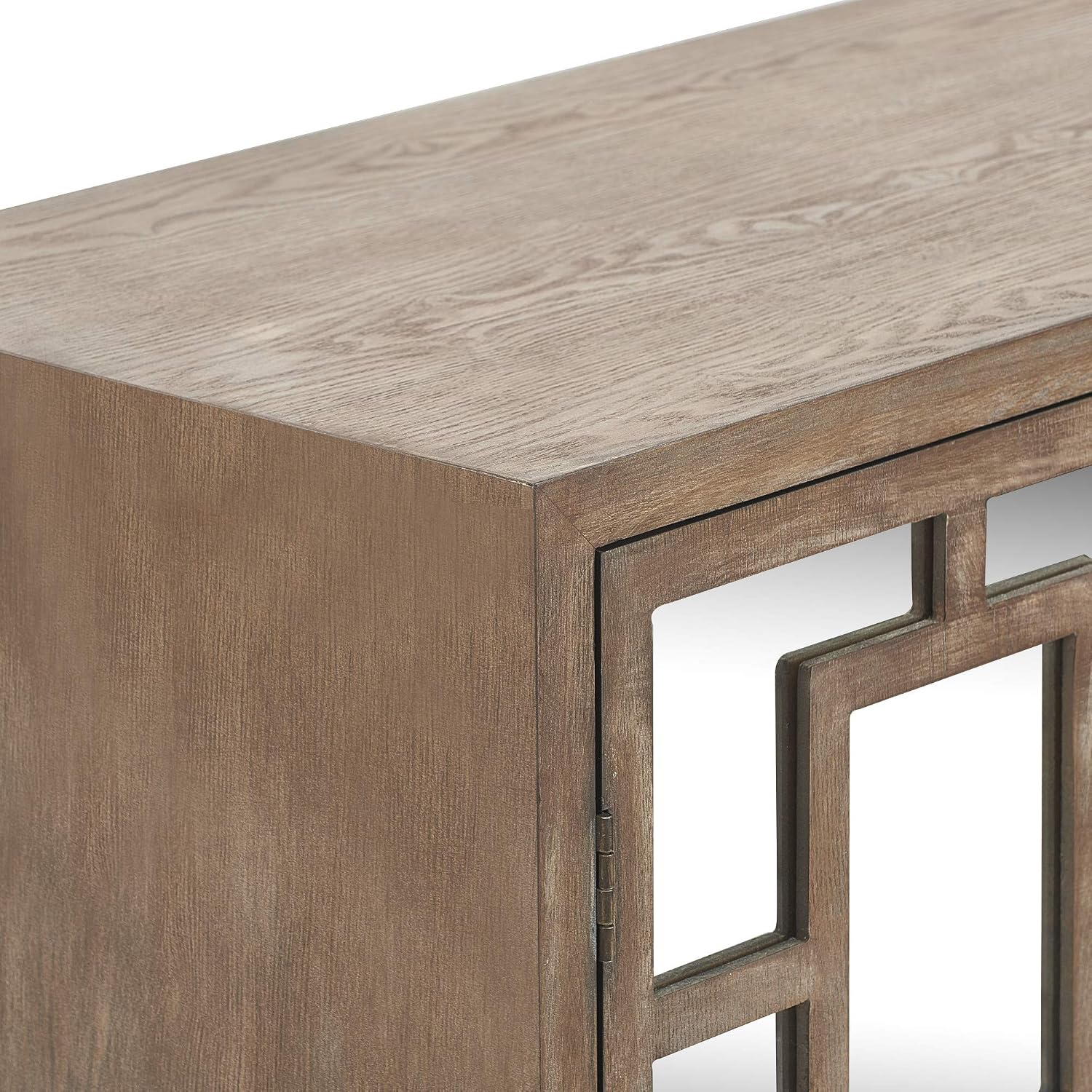 Tommy Hilfiger Hayworth Accent Storage Cabinet with Mirrored Doors, Contemporary Weathered Wood Console Table, Wood Overlay, Gray