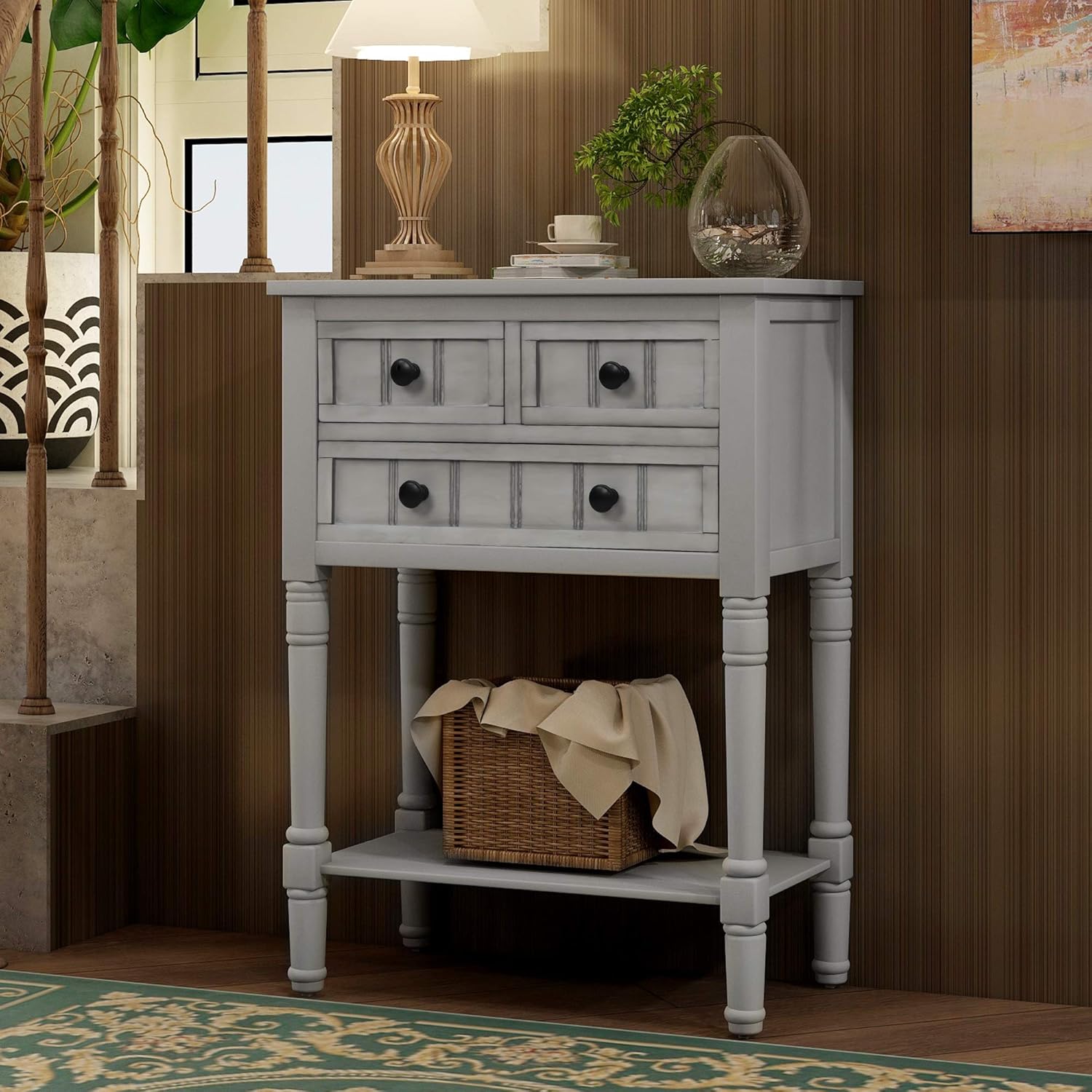P PURLOVE Narrow Console Table, Farmhouse Entryway Table Slim Sofa Table with Three Storage Drawers and Bottom Shelf, Wood Entry Table for Living Room,Easy Assembly,Gray Wash