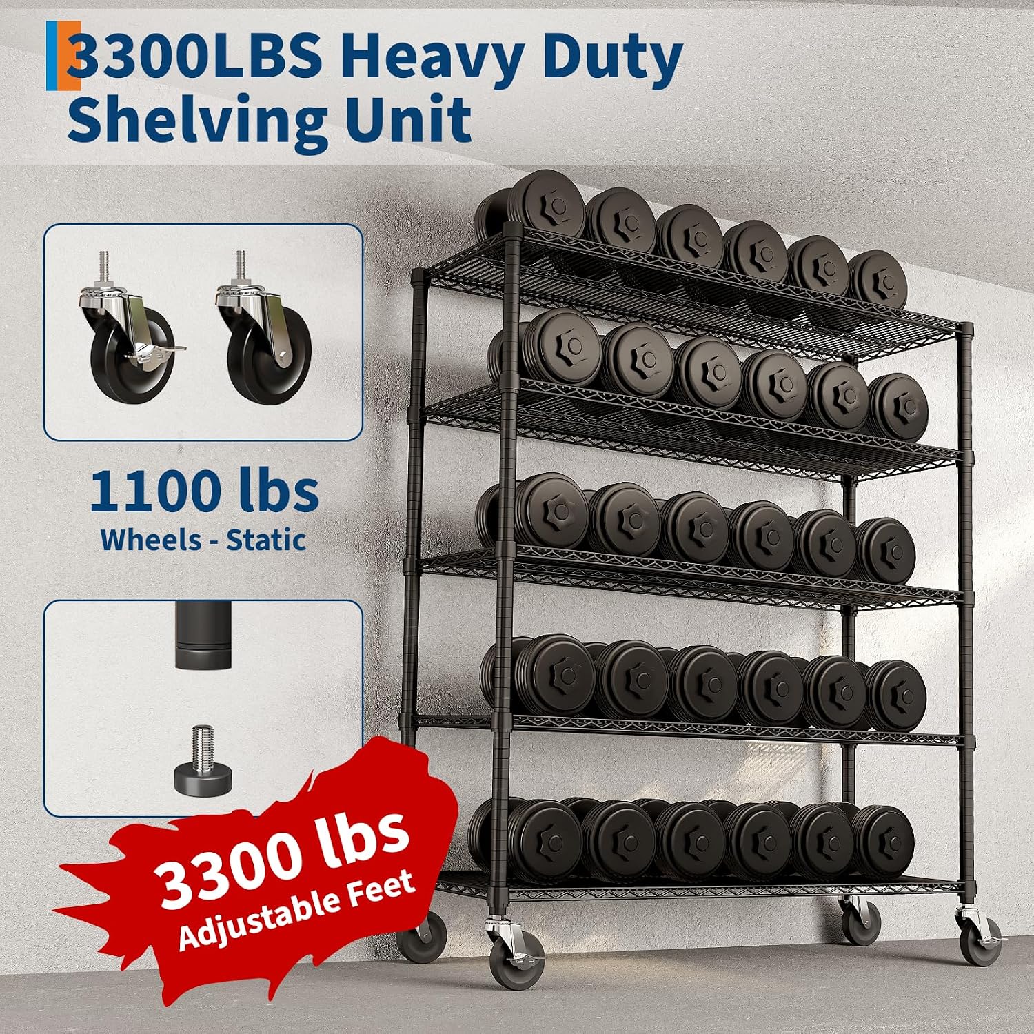 Garvee Storage Shelves, 5-Tier Metal Shelving Units with Wheels, 73' H x 59' W x 17.1' D, 3300 LBS Heavy Duty Wire Shelving Rolling Rack for Garage Kitchen Home Basement, Adjustable, Black