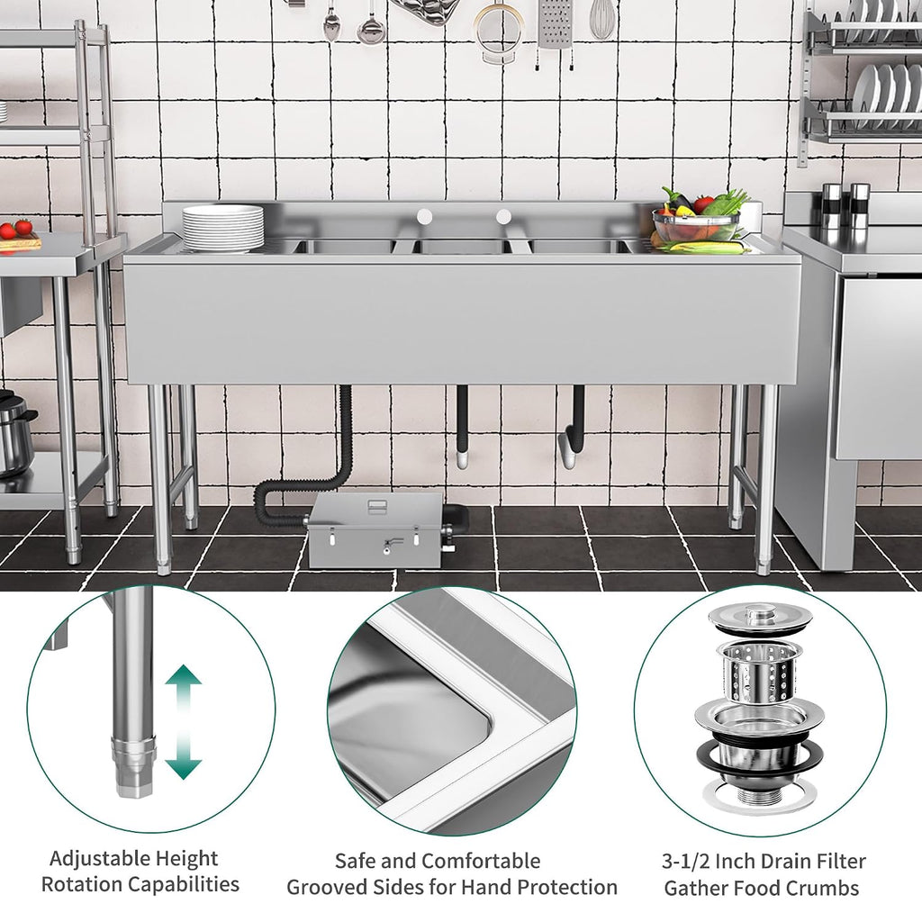 YITAHOME 60inch 3 Compartment Commercial Bar Sink with Drainboards, NSF Heavy-Duty Stainless Steel Freestanding Prep Utility Sink for Restaurant Kitchen