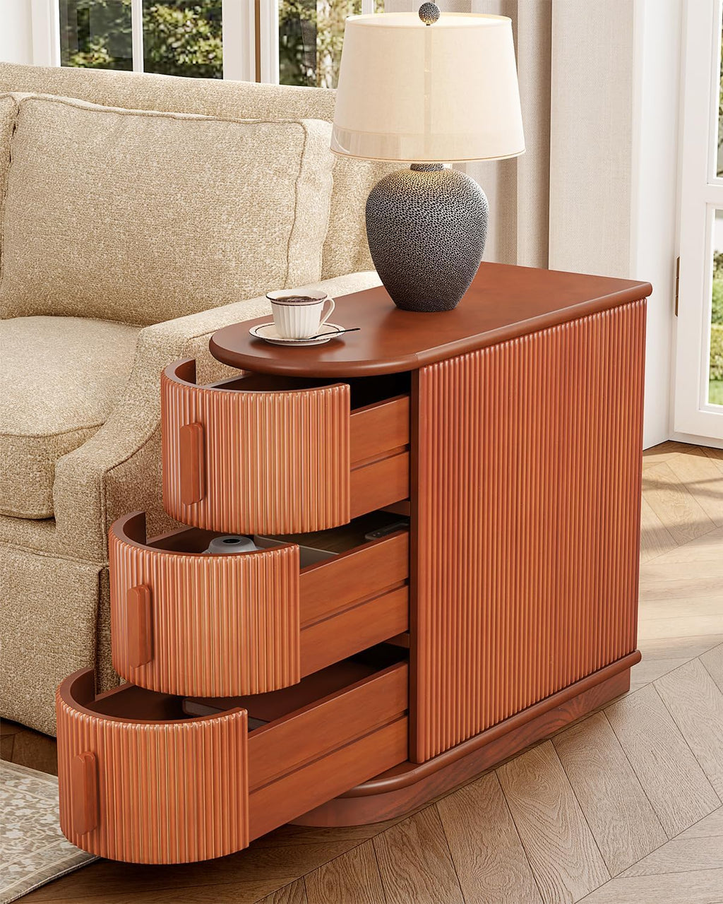 LITTLE TREE End Table with 3 Drawers, No Assembly Required & Closed Back Side Table, Mid-century Modern Sofa Side Table, Brown Side End Table for Living Room, Slim Nightstand Bedside Table for Bedroom