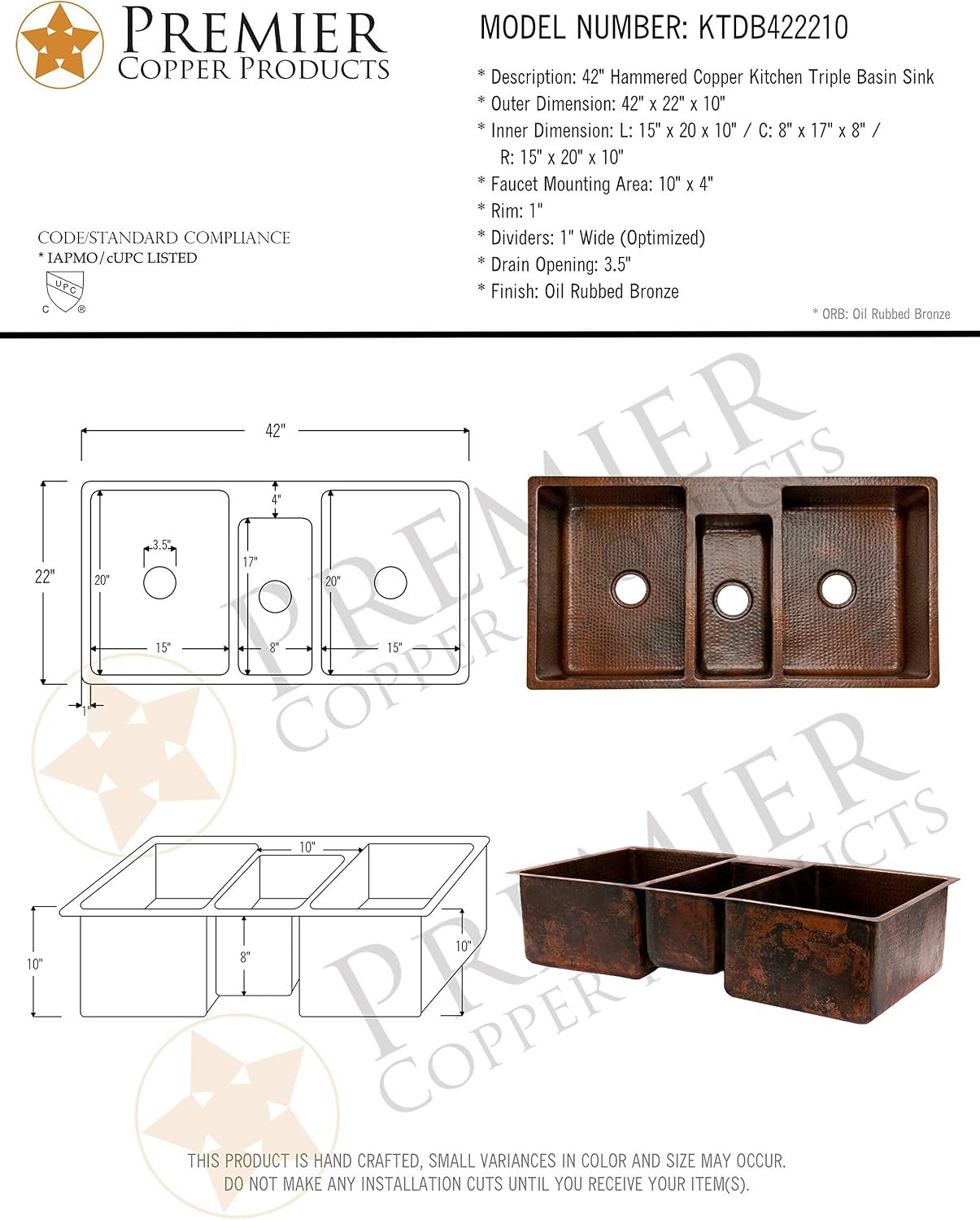 Premier Copper Products KTDB422210 42-Inch Hammered Copper Kitchen Triple Basin Sink, Oil Rubbed Bronze