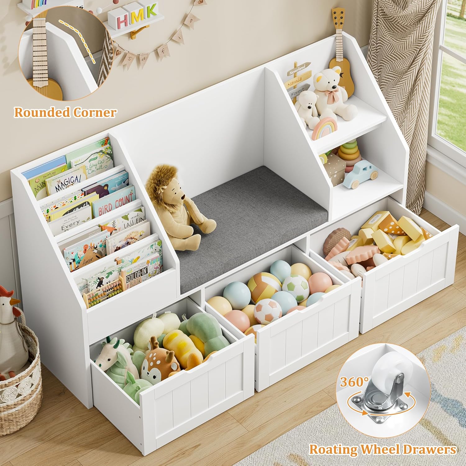 FOTOSOK 55.1'' Kids Bookshelf with Reading Nook, Toy Storage Organizer with Seat Cushion and 3 Movable Drawers, Kids Reading Nook Toy Organizers and Storage with Bench for Playroom, Bedroom, White