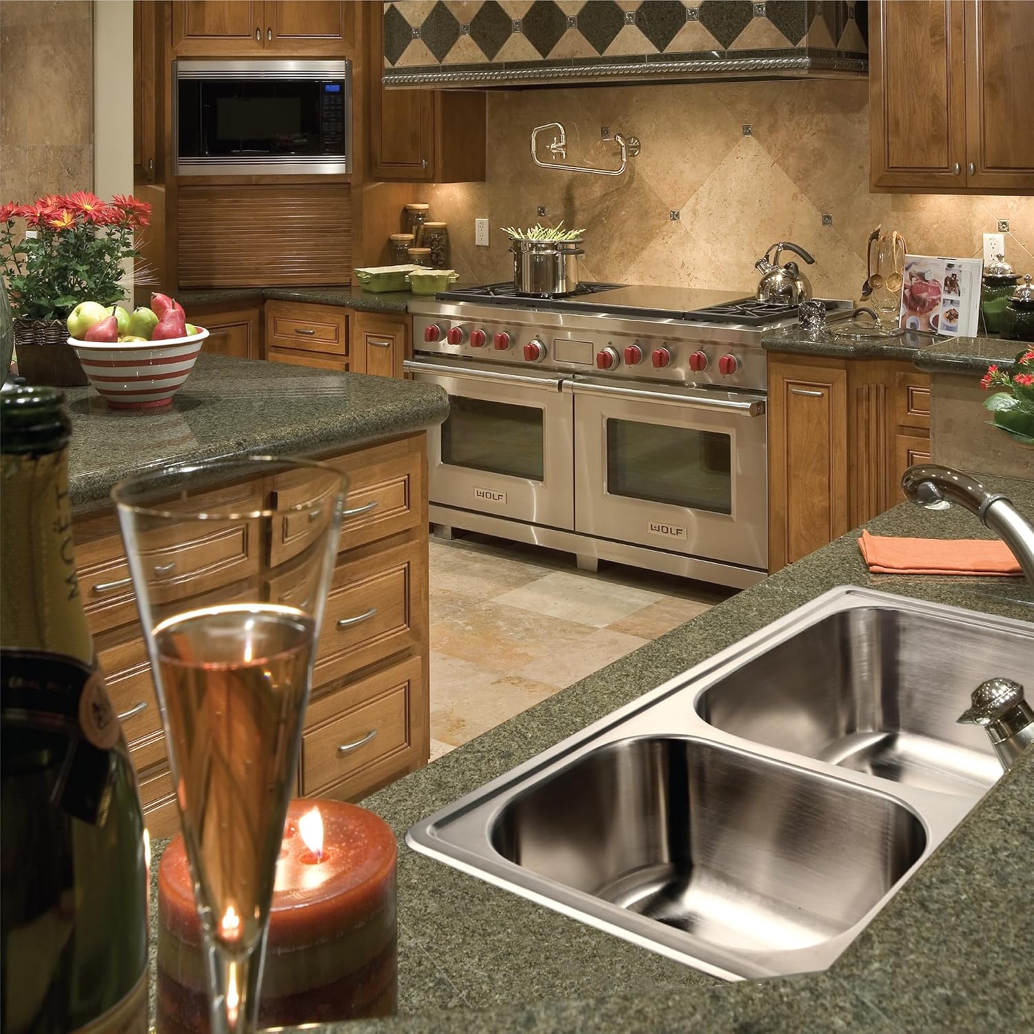 Houzer Glowtone Stainless Steel Kitchen Sink: 33 Inch Drop-in Topmount 4-Hole 50/50 Double Bowl, Durable & Versatile, Essential for Home & Apartment: 3322-8BS4-1