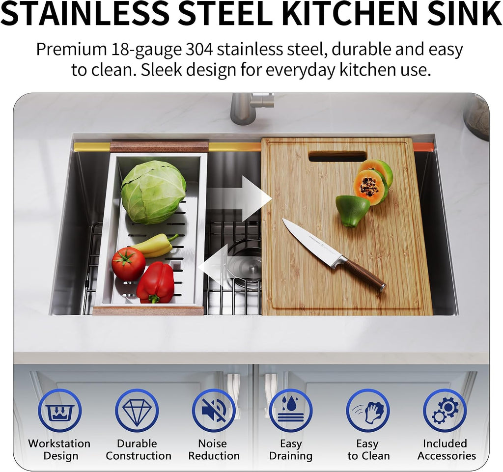DeerValley 30 x 18 Inch Undermount Kitchen Sink Workstation - 18 Gauge Stainless Steel Single Bowl Sink, Handmade with Built-In Accessories, Ledge Design & Cutting Board