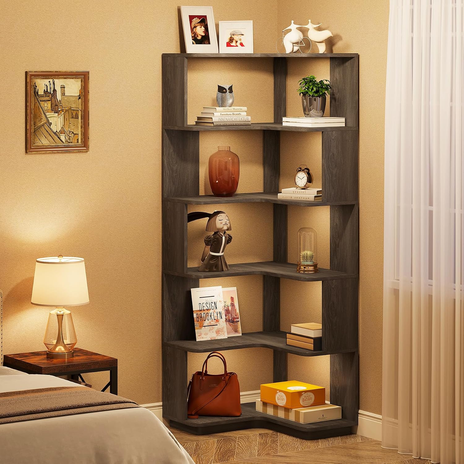 LITTLE TREE 65-Inch Tall Corner Bookshelf, 6-Tier Industrial Corner Bookcase with Side Panels, Freestanding Wood Grain Corner Shelf Display Rack for Home Office, Living Room