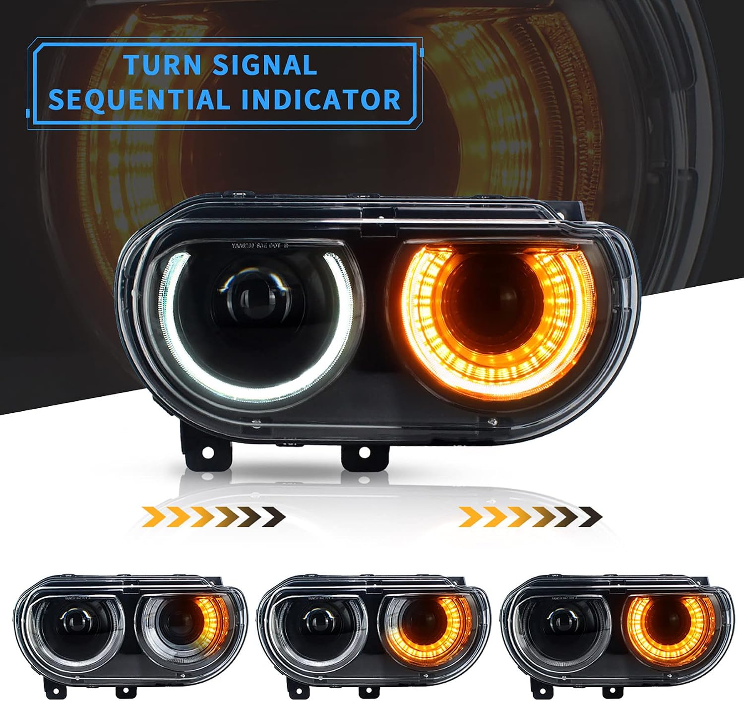 VLAND Projector Headlights Compatible with Dodge Challenger 2008-2014 w/Sequential Indicator Halo, D2S/ D2H Bulb (Not Included) for HI/LO Beam, Passenger& Driver Sides