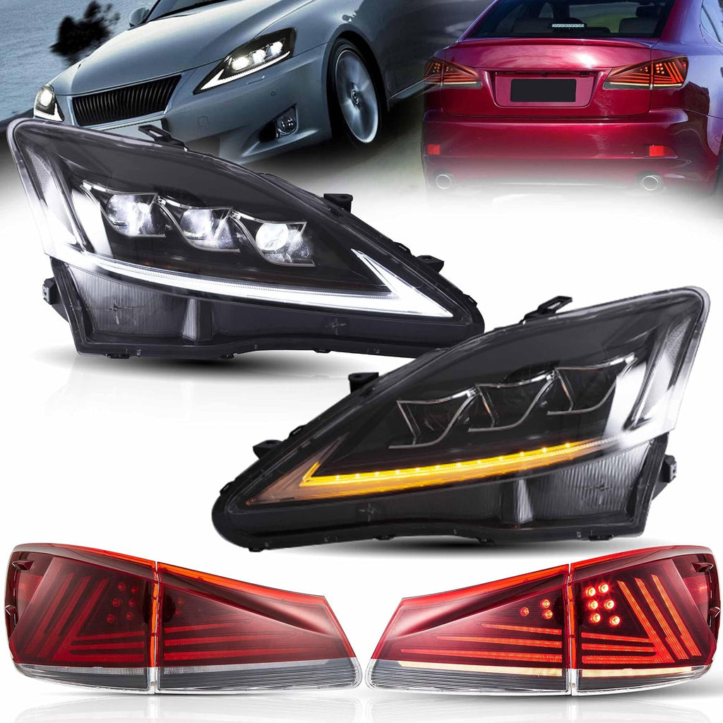 VLAND Headlights and Tail lights Fit for Lexus IS250 IS350 IS22d 2006-2012, ISF 2008-2014 4-Door, Clear+ Red