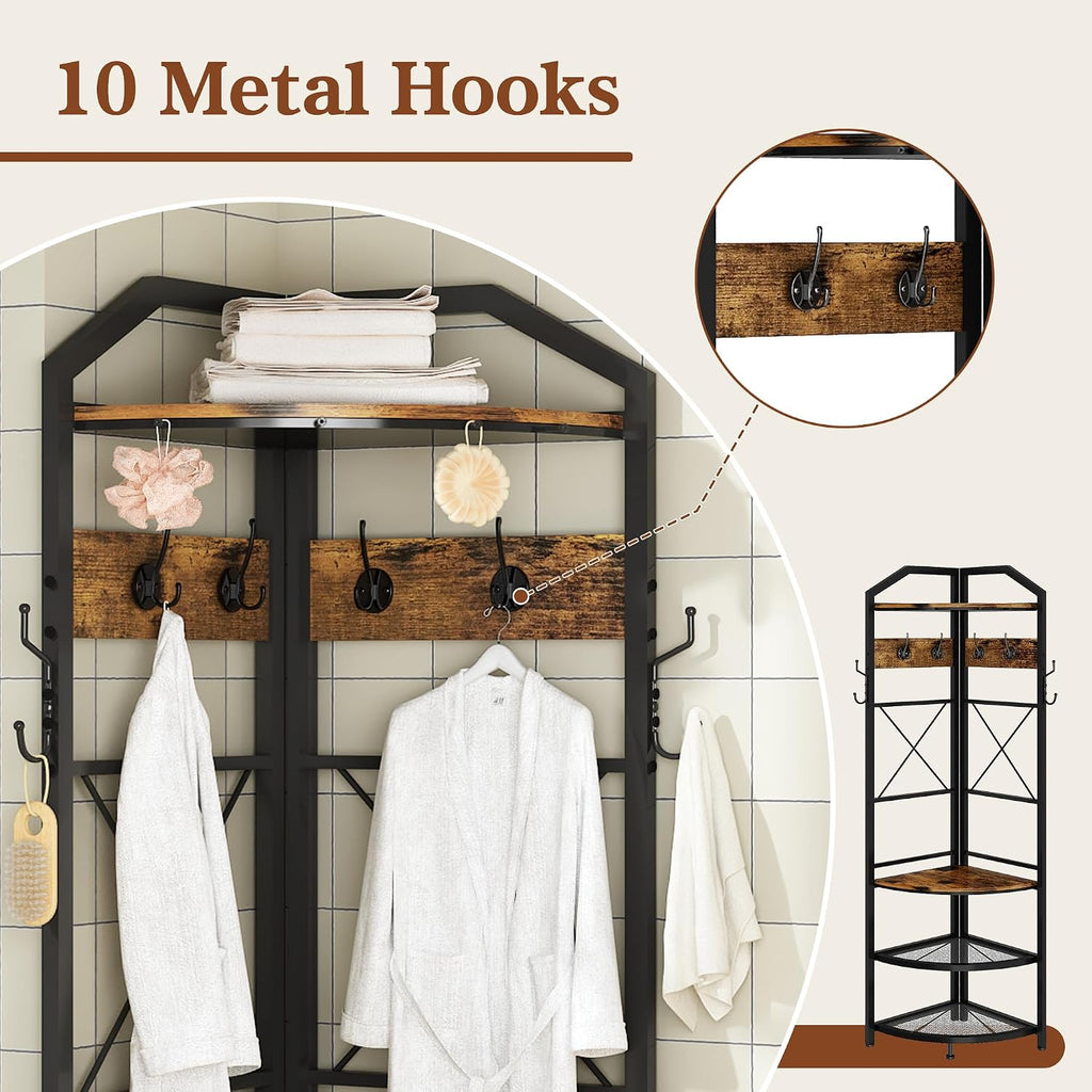 Corner Coat Rack with Storage, Entryway Hall Tree with Bench and 10 Metal Hooks, Freestanding Clothes Rack Shoes Shelf Organizer for Home Office Bedroom, Rustic Brown