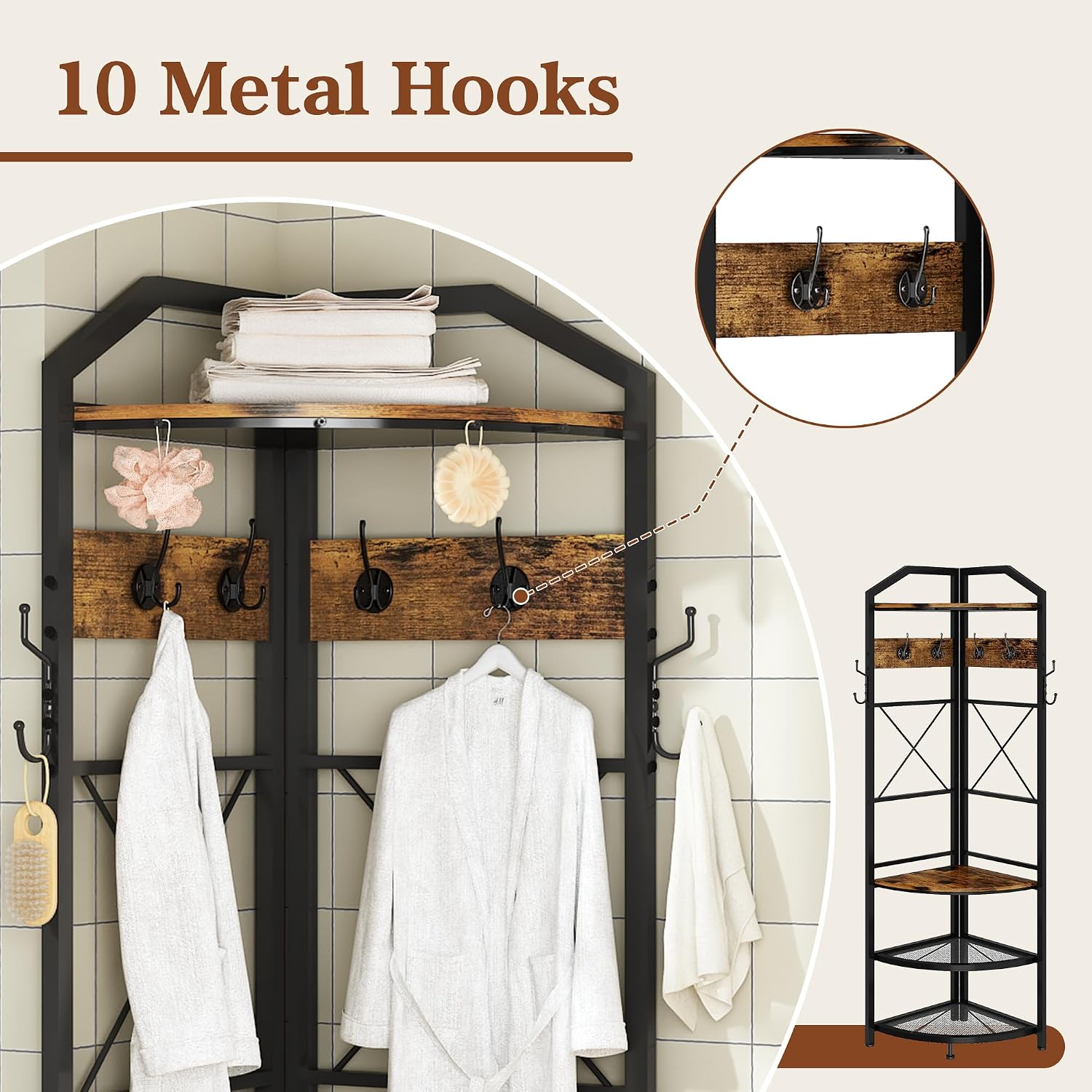 Corner Coat Rack with Storage, Entryway Hall Tree with Bench and 10 Metal Hooks, Freestanding Clothes Rack Shoes Shelf Organizer for Home Office Bedroom, Rustic Brown