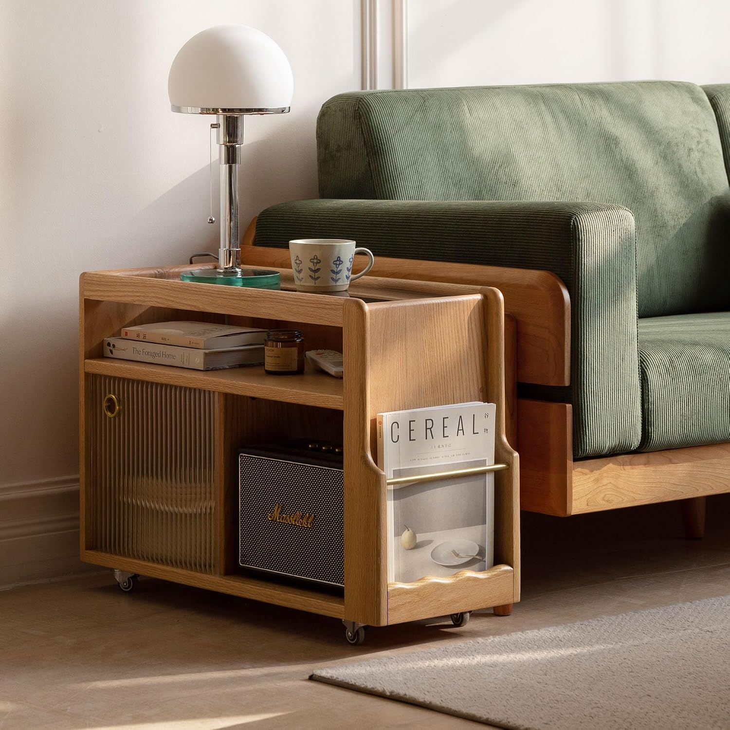 Solid Wood Narrow Side Table with Storage, End Table with Magazine Rack & Glass Door Cabinet, Small Couch Side Table for Living Room, Slim Nightstand for Bedroom, No Assembly
