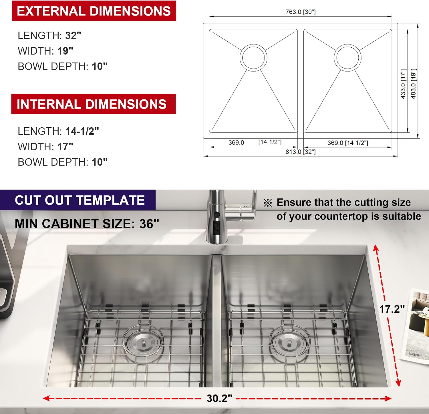 32 Inch Undermount Double Bowl Kitchen Sink 16 Gauge Stainless Steel 50/50 Deep Rectangular Sinks with Strainer & Bottom Grid 32' x 19' x 10'