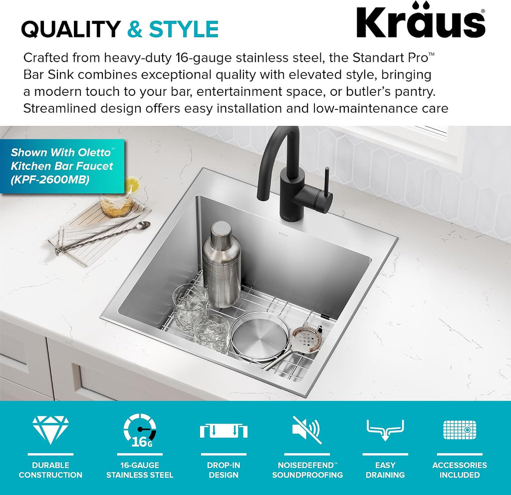 KRAUS 18 x 18 inch Standart PRO™ Drop-In Top Mount 16 Gauge Single Bowl 1-Hole Stainless Steel Kitchen Sink Set (5 Item Bundle: Sink, Bottom Grid, Drain Assembly, Drain Cap, Kitchen Towel), KHT301-18