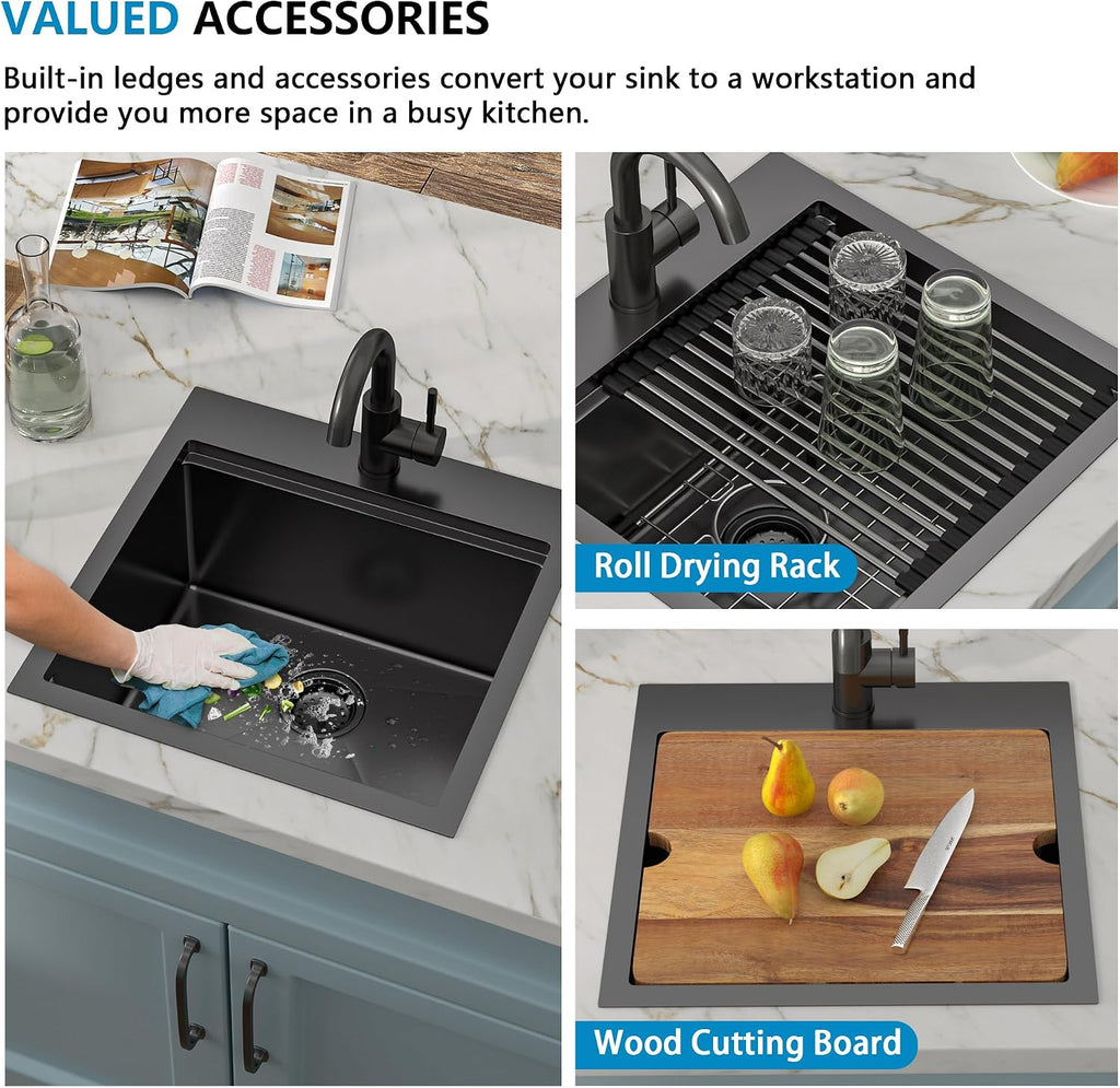 18'x18' Drop In Bar Prep Sink Workstation – Gunmetal Black NANO-PVD, 16 Gauge 304 Stainless Steel, Single Bowl Top Mount Wet Bar RV Outdoor Kitchen Sink with Faucet