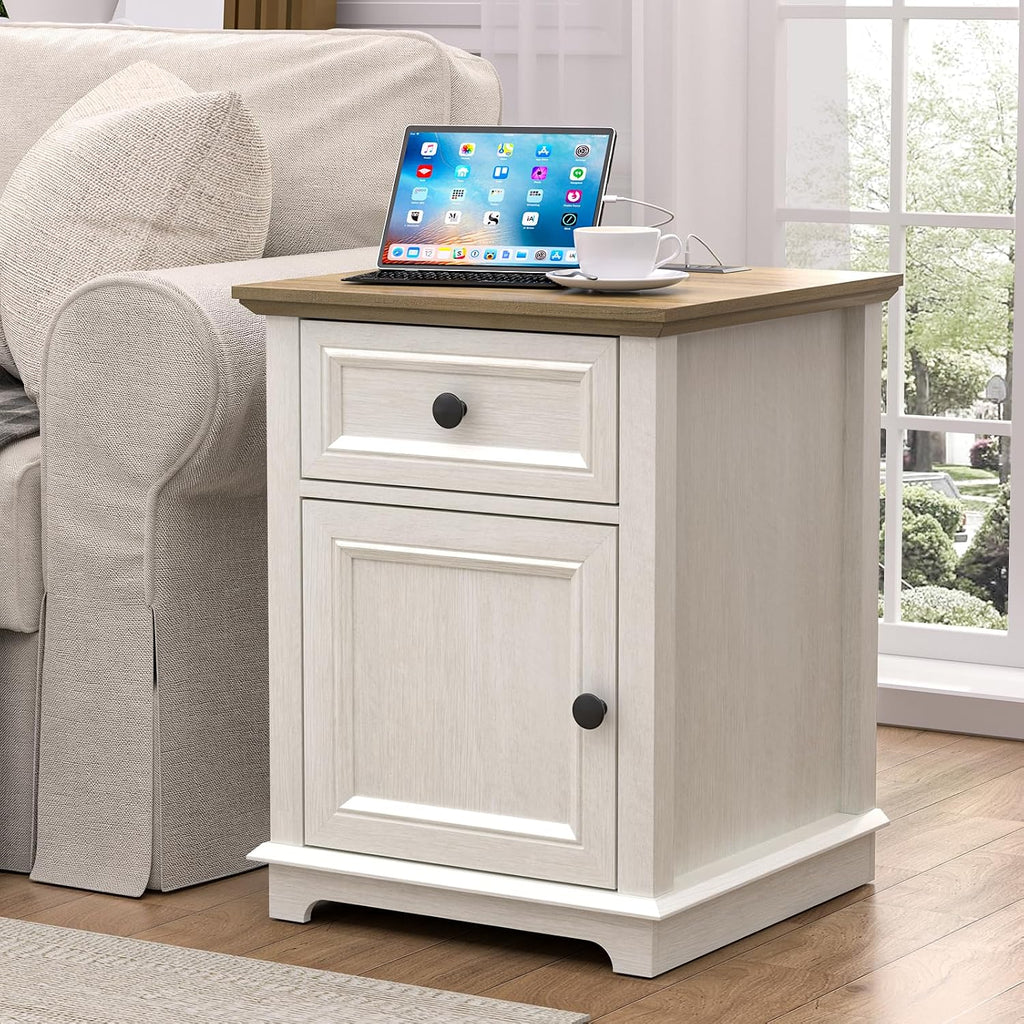 REDAYFUR End Table with Charging Station, Fast Charge, End Table with Drawer, Big Storage Side Table for Living Room/Bedroom, White