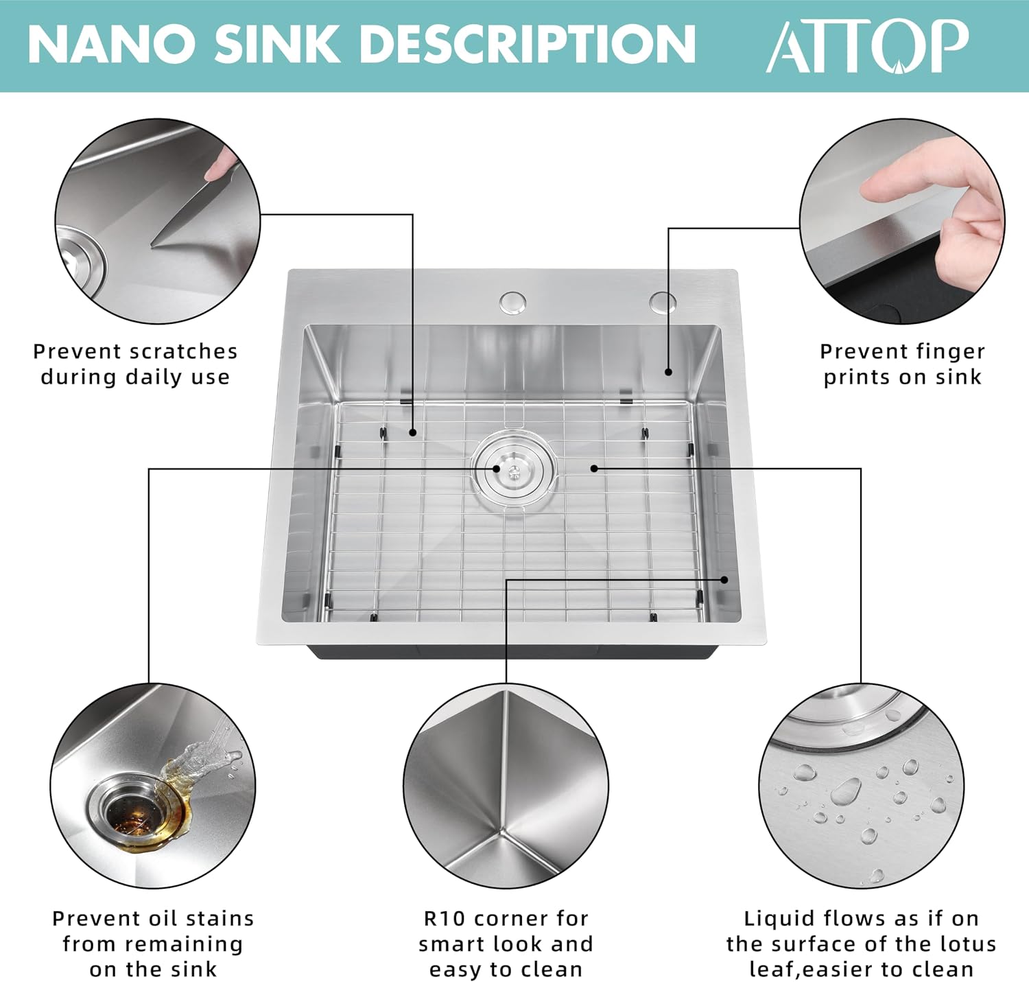ATTOP 25 Inch Medium Single Bowl Drop in Kitchen Sink,Nano Coating Stainless Steel Handmade Single Bowl Topmount Sink