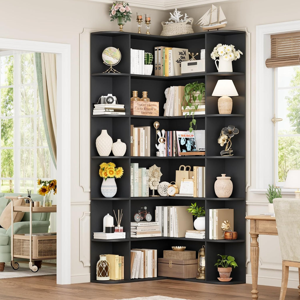 FOTOSOK 72' Tall Corner Bookshelf, 6-Tier Bookshelf and Bookcase with Open Storage, L Shaped Tall Bookcases Wooden Storage Shelves for Home Office, Thickened Boards for Better Load Bearing, Black