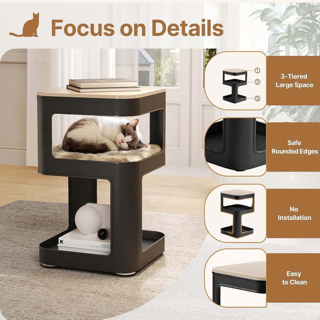 EUREKA ERGONOMIC Side Table Cat Beds, Square End Table with Cat House, Metal Nightstand with 3 Tier Storage, Modern Side Table End Beside Table for Living Room Bedroom Indoor, Easy Assembly, Black