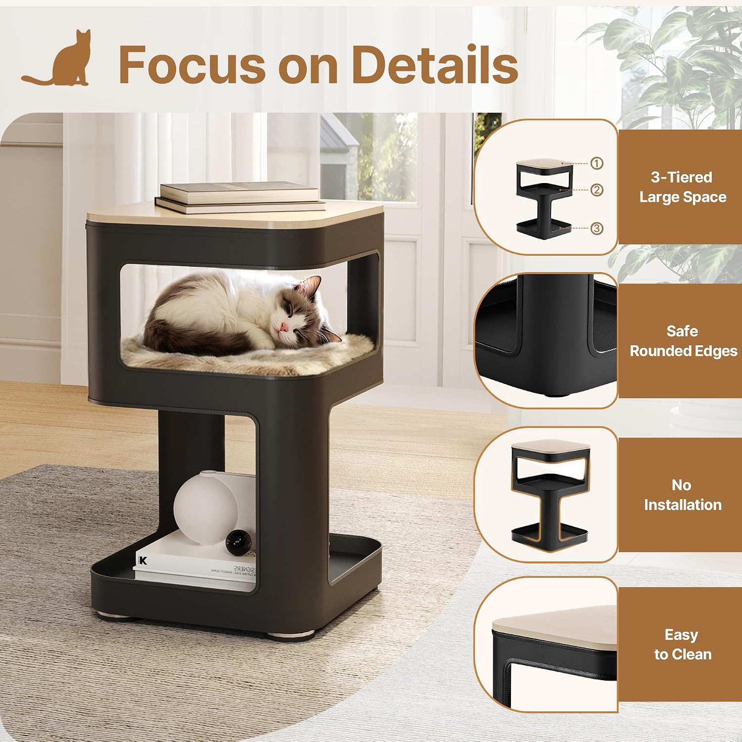 EUREKA ERGONOMIC Side Table Cat Beds, Square End Table with Cat House, Metal Nightstand with 3 Tier Storage, Modern Side Table End Beside Table for Living Room Bedroom Indoor, Easy Assembly, Black