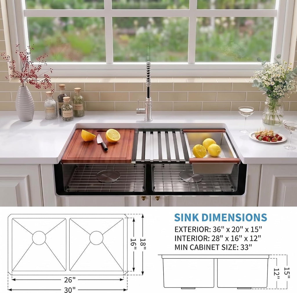 Kitsitchen Undermount Kitchen Sink, 16 Gauge 304S Stainless Steel Workstation Sink, 30' x 18' x 10' Large and Deep Handmade Double Bowl Kitchen Sinks with Accessories