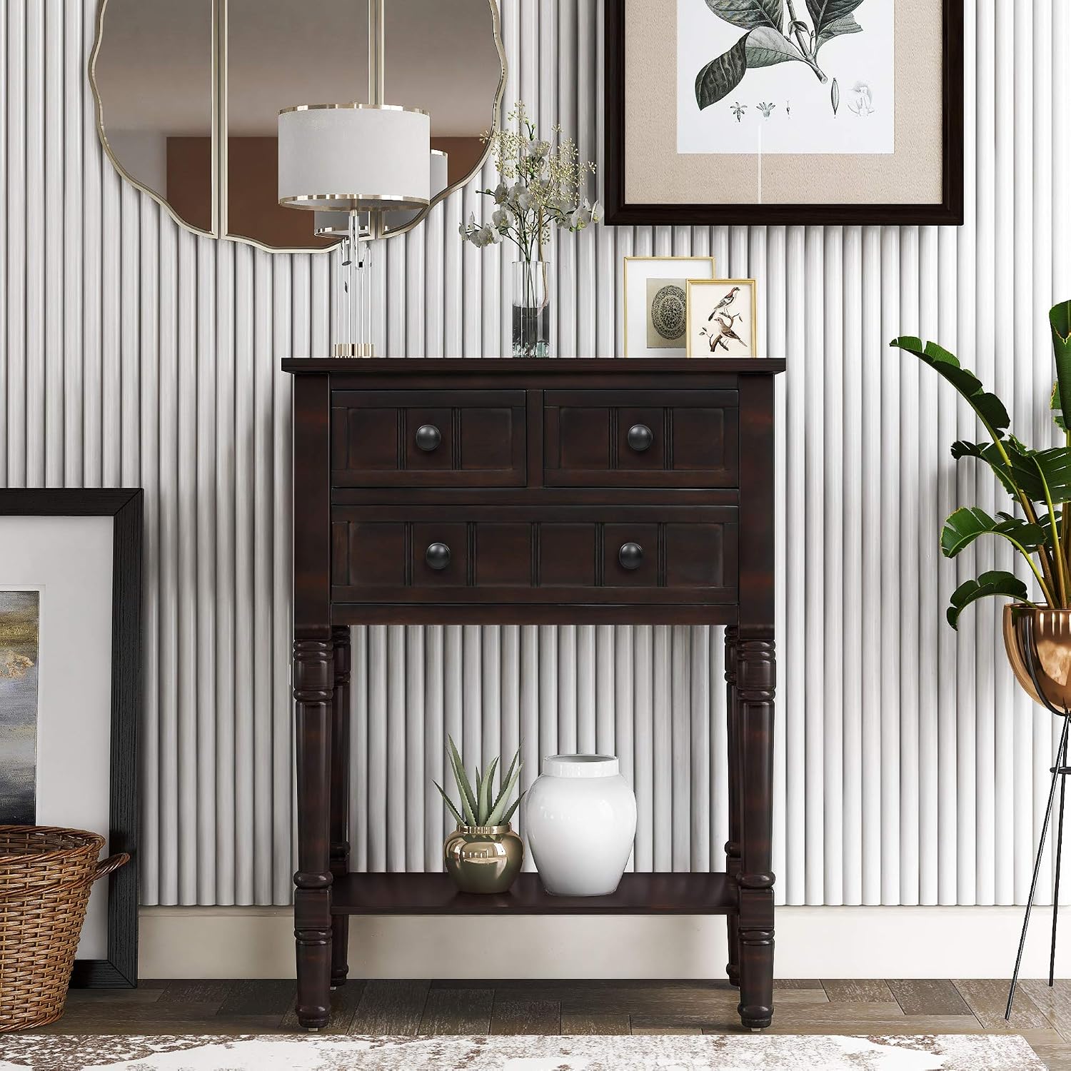 Knocbel Slim Antique Entry Console Table with Drawers & Bottom Open Shelf, Solid Wood Sofa Couch Table for Entryway Hallway Living Room (Espresso)
