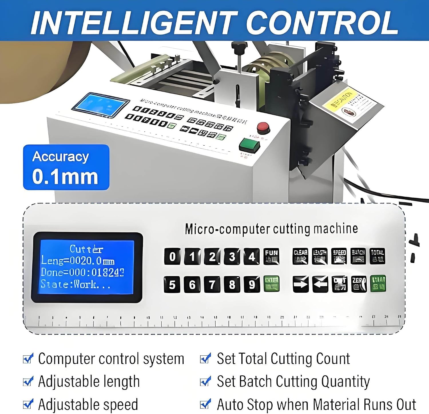 Fully Automatic Heat-Shrink Tube Micro-Computer Cutting Machine, Electric Tube Cable Pipe Cutter with LCD Display, Cutting Width 0-180 mm, Accuracy 0.1 mm, for Sleeve Rubber/Plastic Tube 180mm