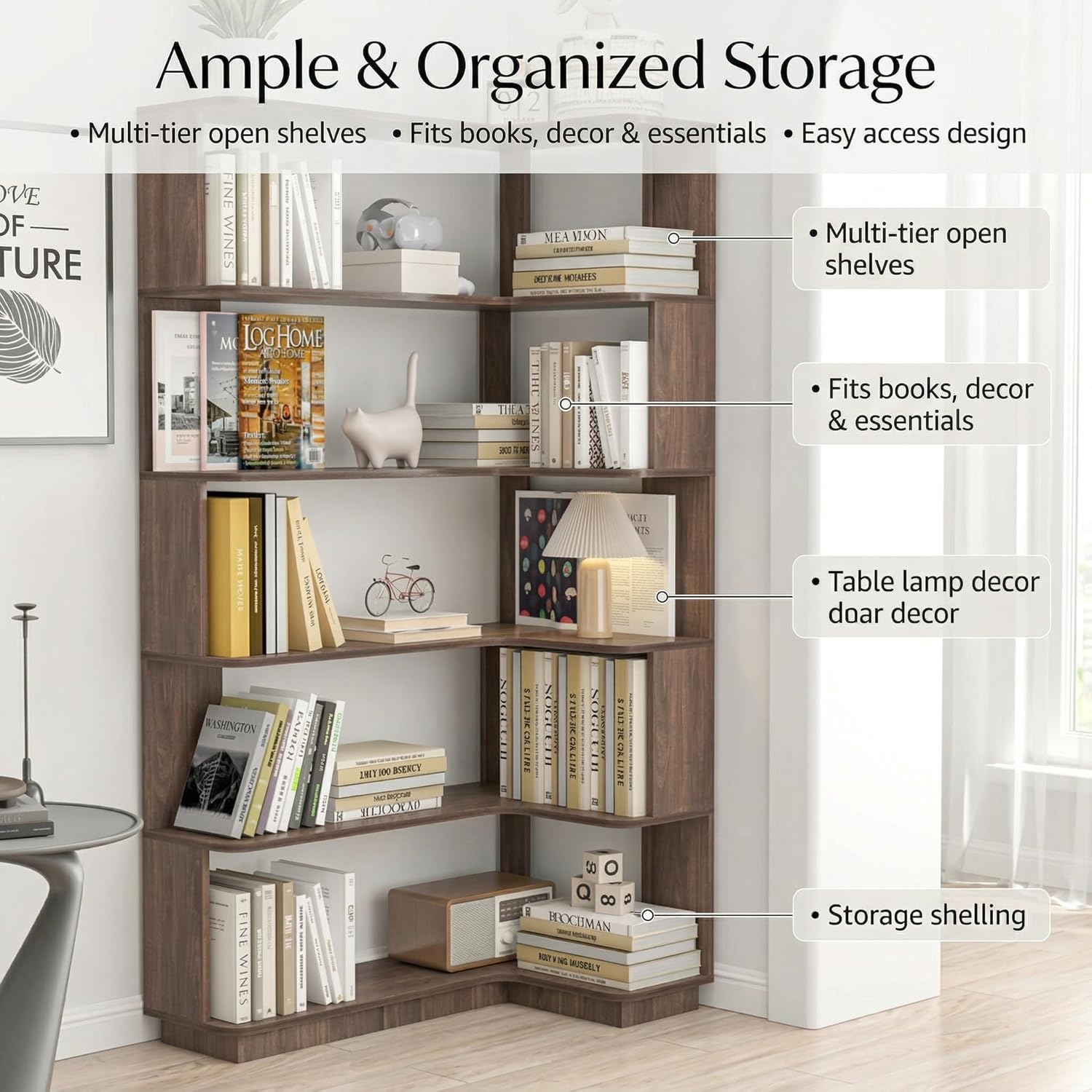 6 Tier Corner Bookshelf, Freestanding L-Shaped Wooden Bookcase with Open Shelves, Anti-Fall Panels and Anti-Tipping Device for Living Room, Home Office (Dark Brown with Left Extension)
