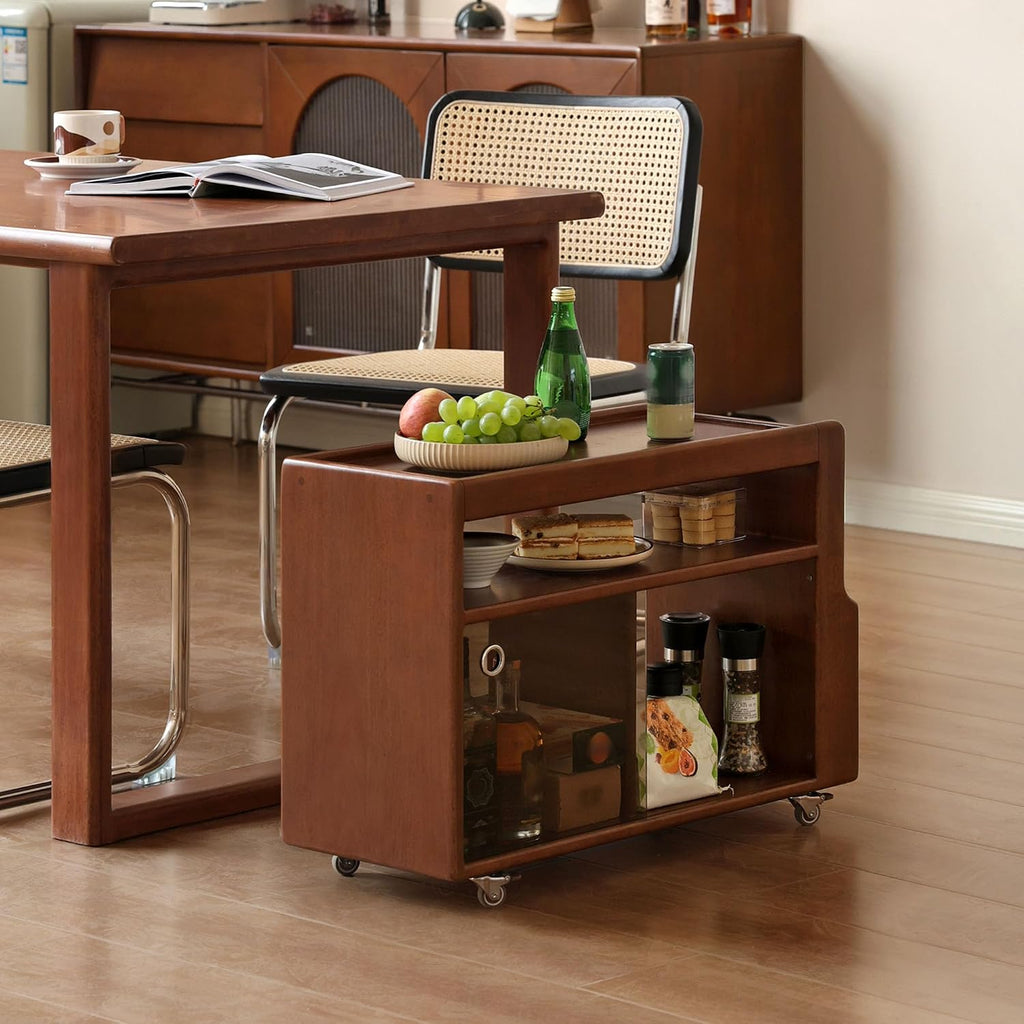 Solid Wood Side Table with Wheels, Narrow Side Table with Storage, Rolling Bedside Table for Bedroom Living Room Dining Room(Teak, 27.95' D x 11.42' W x 19.88' H)
