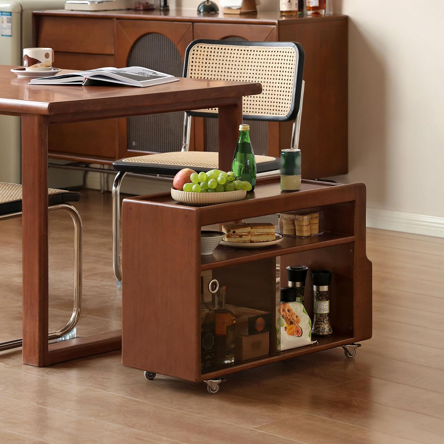 Solid Wood Side Table with Wheels, Narrow Side Table with Storage, Rolling Bedside Table for Bedroom Living Room Dining Room(Teak, 27.95' D x 11.42' W x 19.88' H)