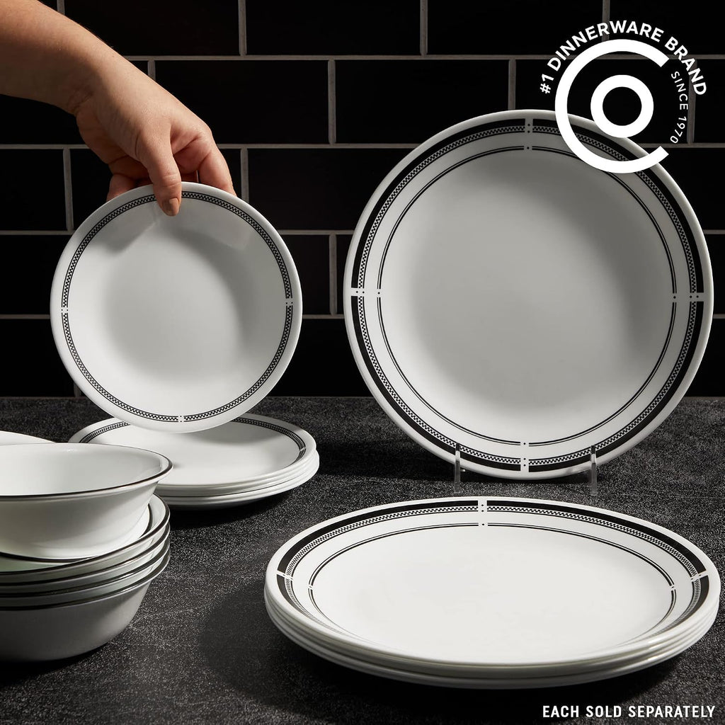 Corelle 18-Piece Dinnerware Set, Service for 6, Lightweight Plates and Bowls Set, Vitrelle Triple Layer Glass, Brasserie Collection, Lunch Plates Included