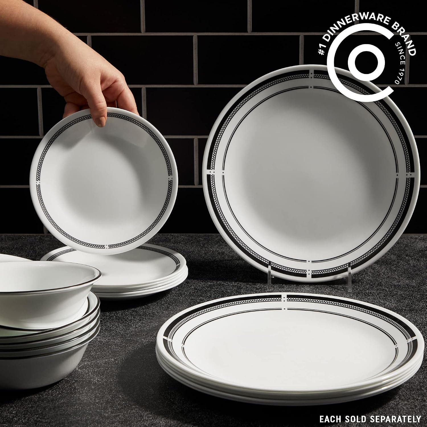 Corelle 18-Piece Dinnerware Set, Service for 6, Lightweight Plates and Bowls Set, Vitrelle Triple Layer Glass, Brasserie Collection, Lunch Plates Included