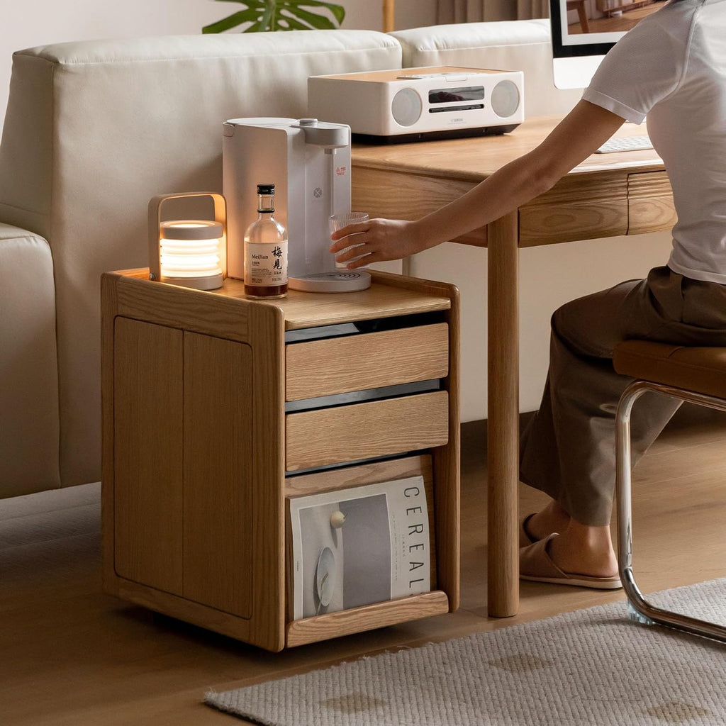 YESWOOD Solid Oak Wood Side Table with Wheels, Rolling Side Table with Storage, Narrow Bed End Tables for Bedroom, Living Room, Study(Natural, 19.69' D x 14.96' W x 22.76' H)