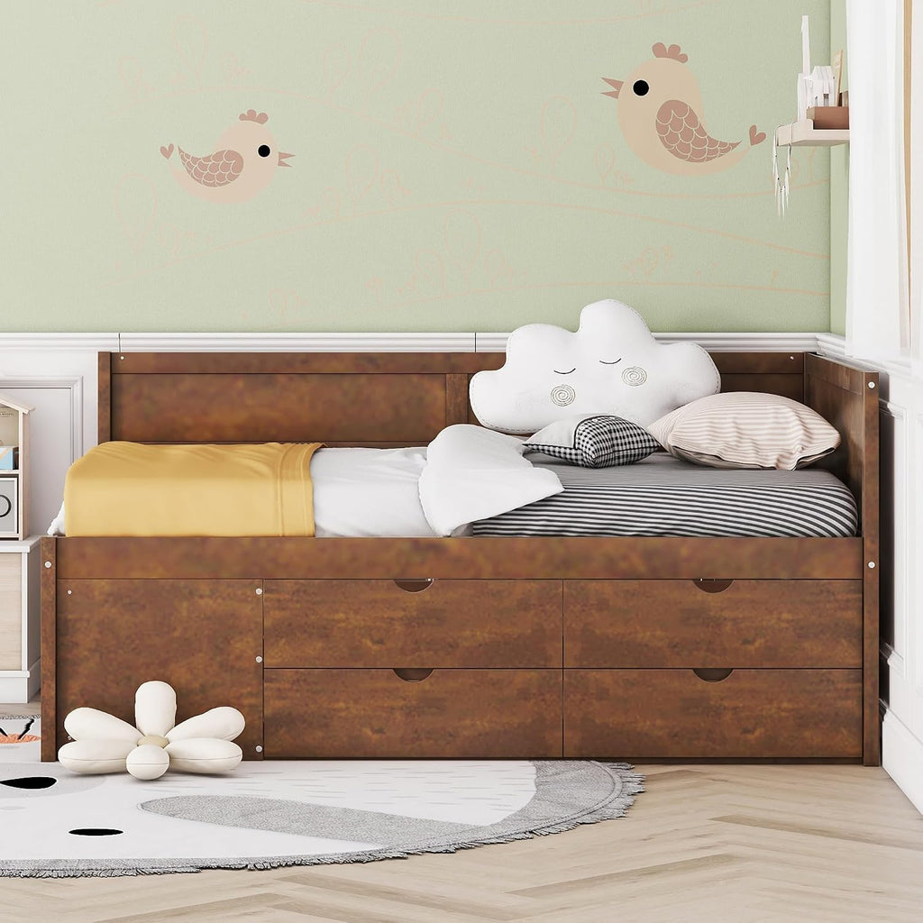 Harper & Bright Designs Wood Corner Daybed with Storage Shelves and 4 Drawers,Full Size Floor Storage Platform Bed Frame with L Shape Heaboard for Bedroom Nook,No Box Spring Needed,Walnut