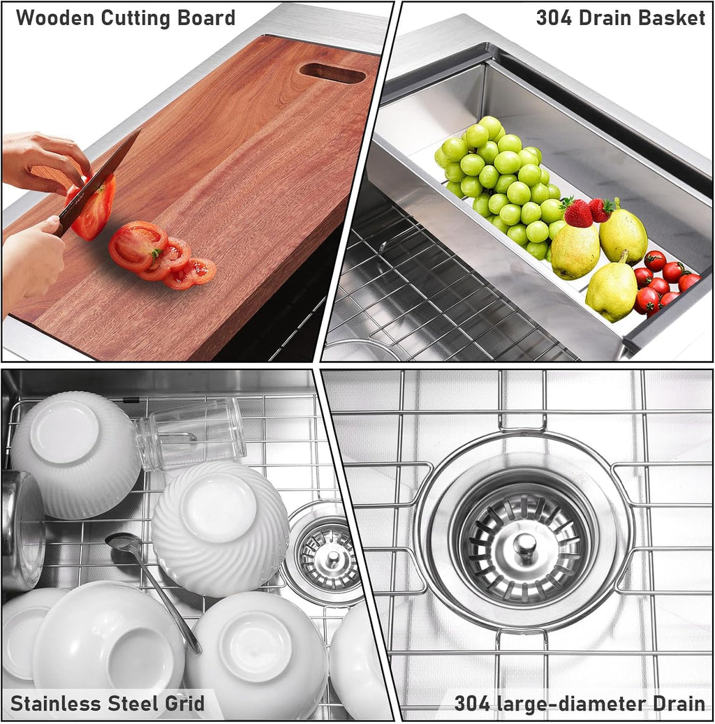33x22' Drop-in Kitchen Sink Workstation 3D Embossed Surface- 18-Gauge 9' Depth Stainless Steel Single Bowl Top Mount with Accessories