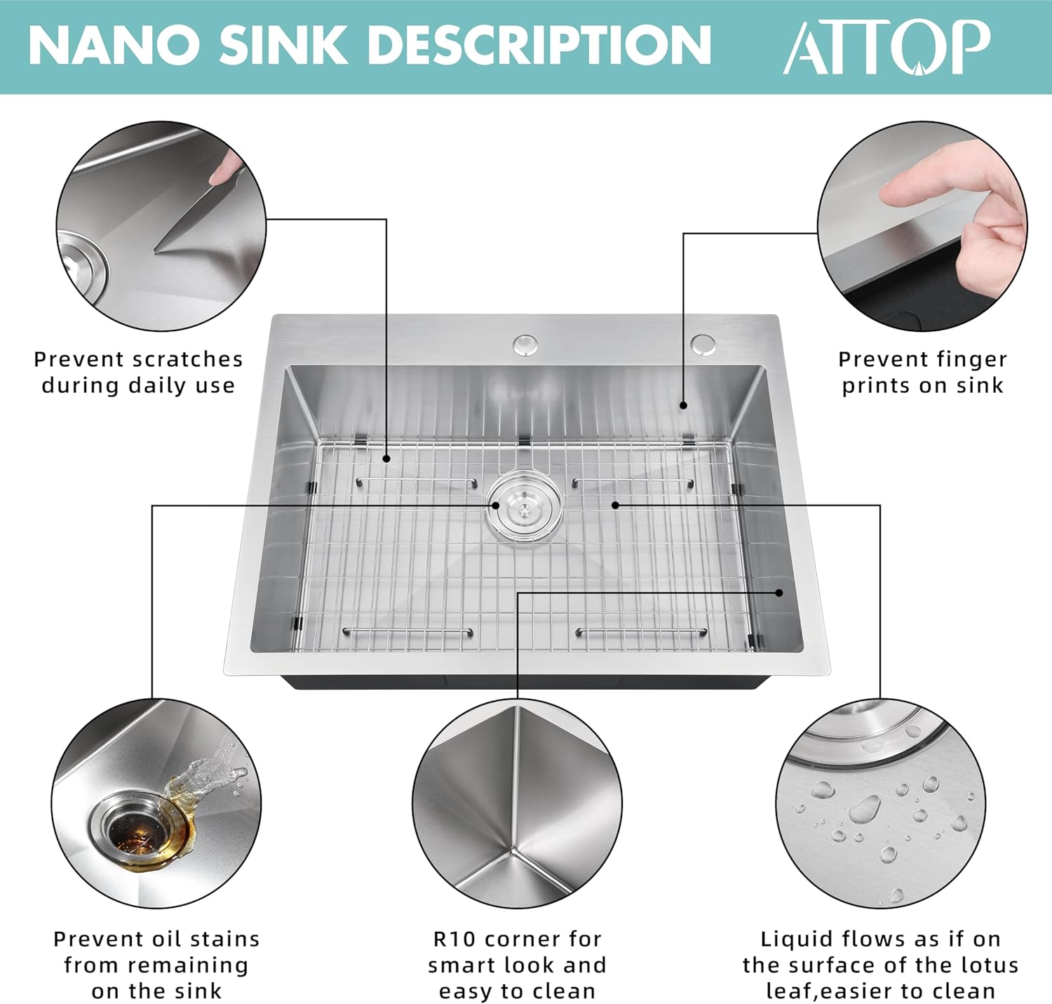 ATTOP 30 Inch Drop in Large Single Bowl Kitchen Sink, Nano Coating Stainless Steel Handmade Single Bowl Topmount Kitchen Sink