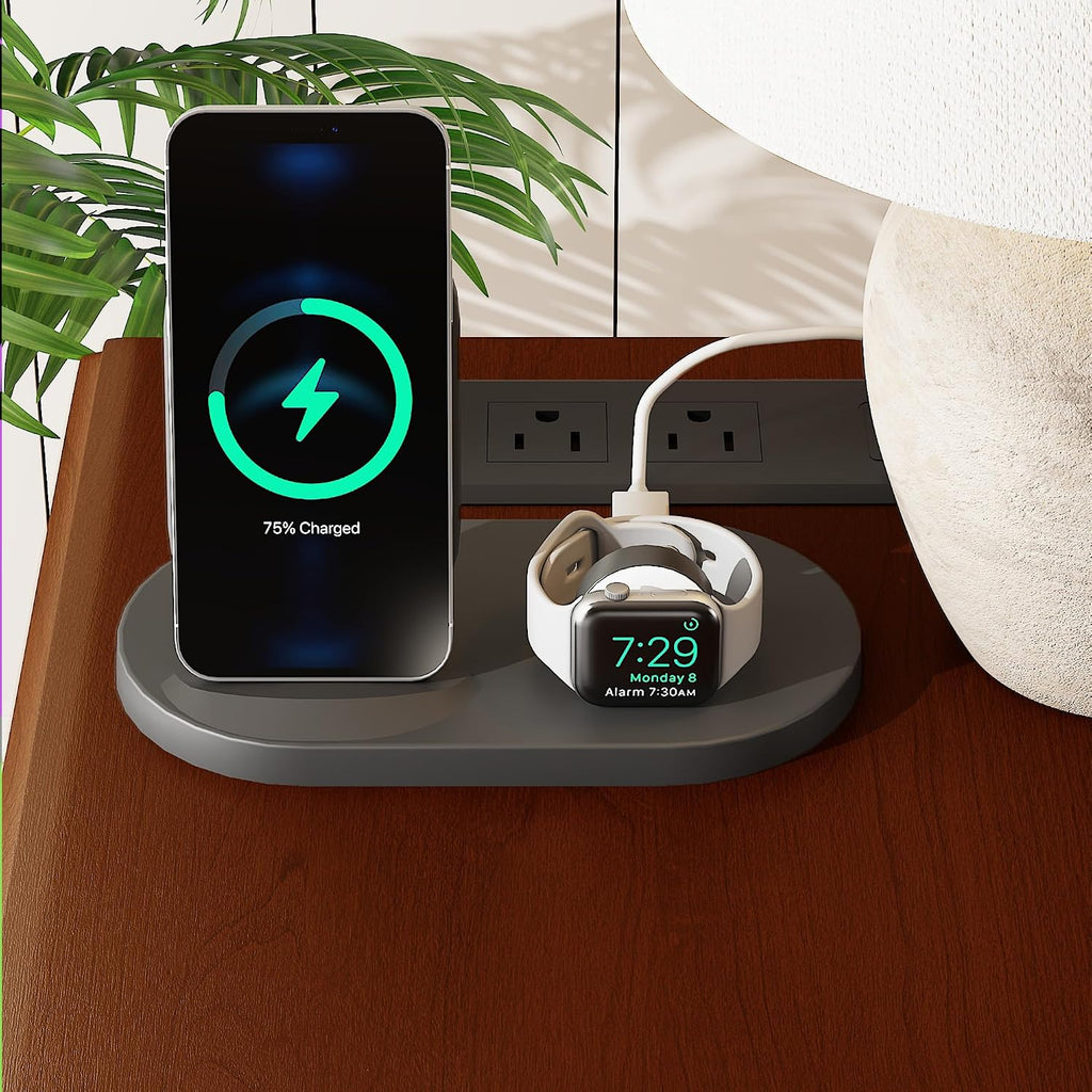 2-Drawer Modern Sofa Side Table with Charging Station, USB & AC Ports, Slim Nightstand for Living Room or Bedroom, Sturdy Rubber Wood Frame, Easy Assembly, Walnut Finish