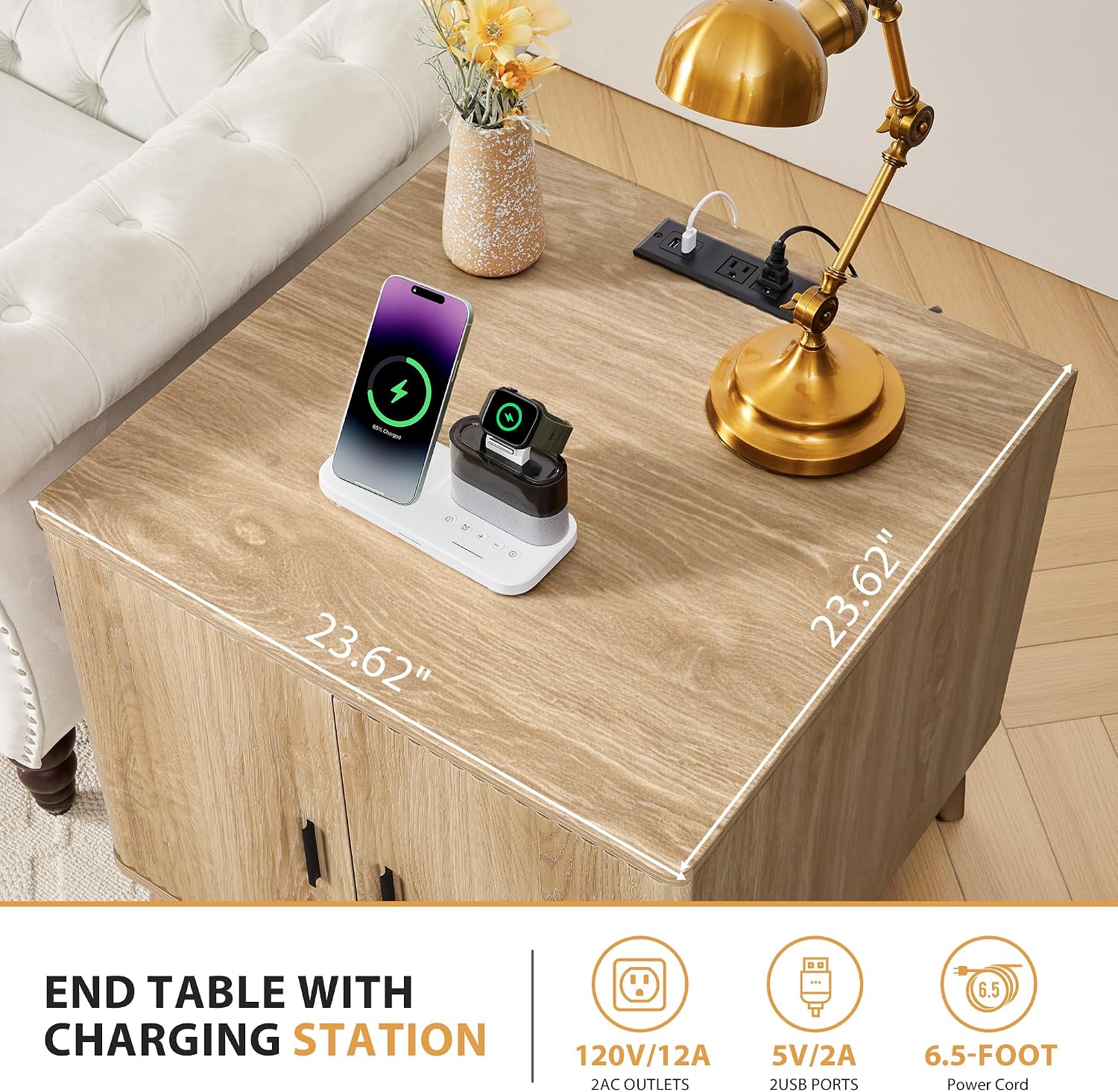 Fluted End Table with Charging Station, Mid Century Modern Nightstand with 2 Doors, Bed Side Table with Storage for Couch,Living Room,Small Spaces, Sofa Side Table for Office,Dorm-Natural