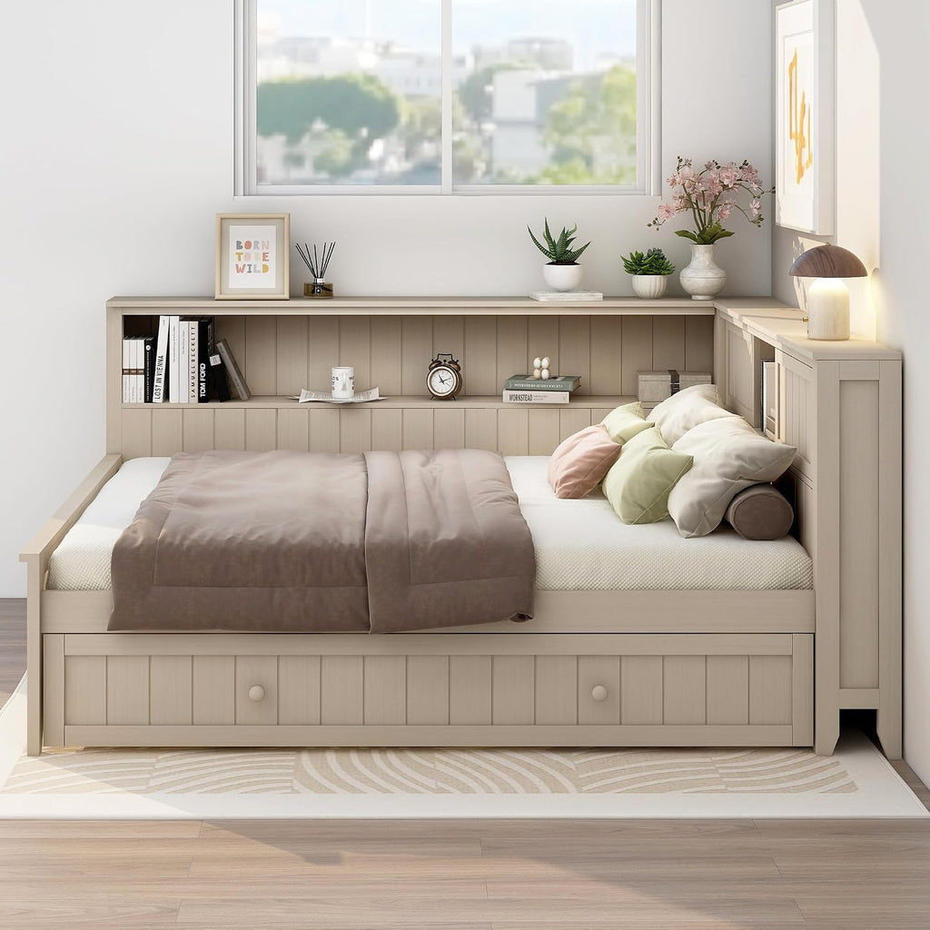 Merax Full Size Daybed with Storage Shelves and Trundle, Wood Slat Support, No Box Spring Needed, Antique White