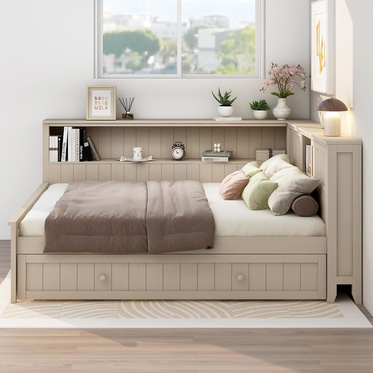 Merax Full Size Daybed with Storage Shelves and Trundle, Wood Slat Support, No Box Spring Needed, Antique White