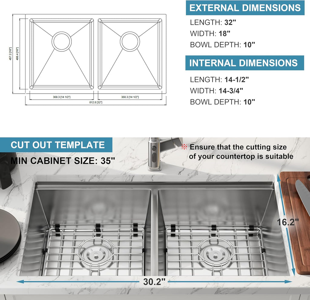 32 Inch Undermount Workstation Handmade Double Bowl Kitchen Sink, 16 Gauge 304 Stainless Steel 50/50 Large Capacity Kitchen Sinks, Ledge and Accessories Included, 32' x 18' x 10'